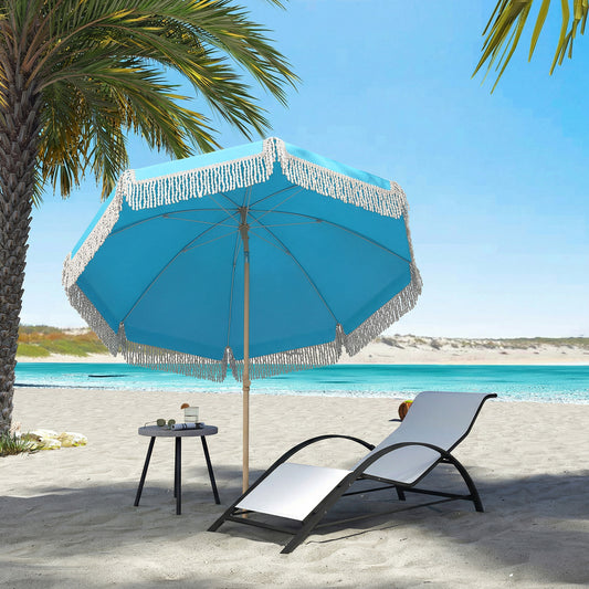 Outsunny 1.7M Beach Umbrella With Sand Anchor 30 Degree Tilting Fringed Beach Garden Parasol Adjustable Height Grey