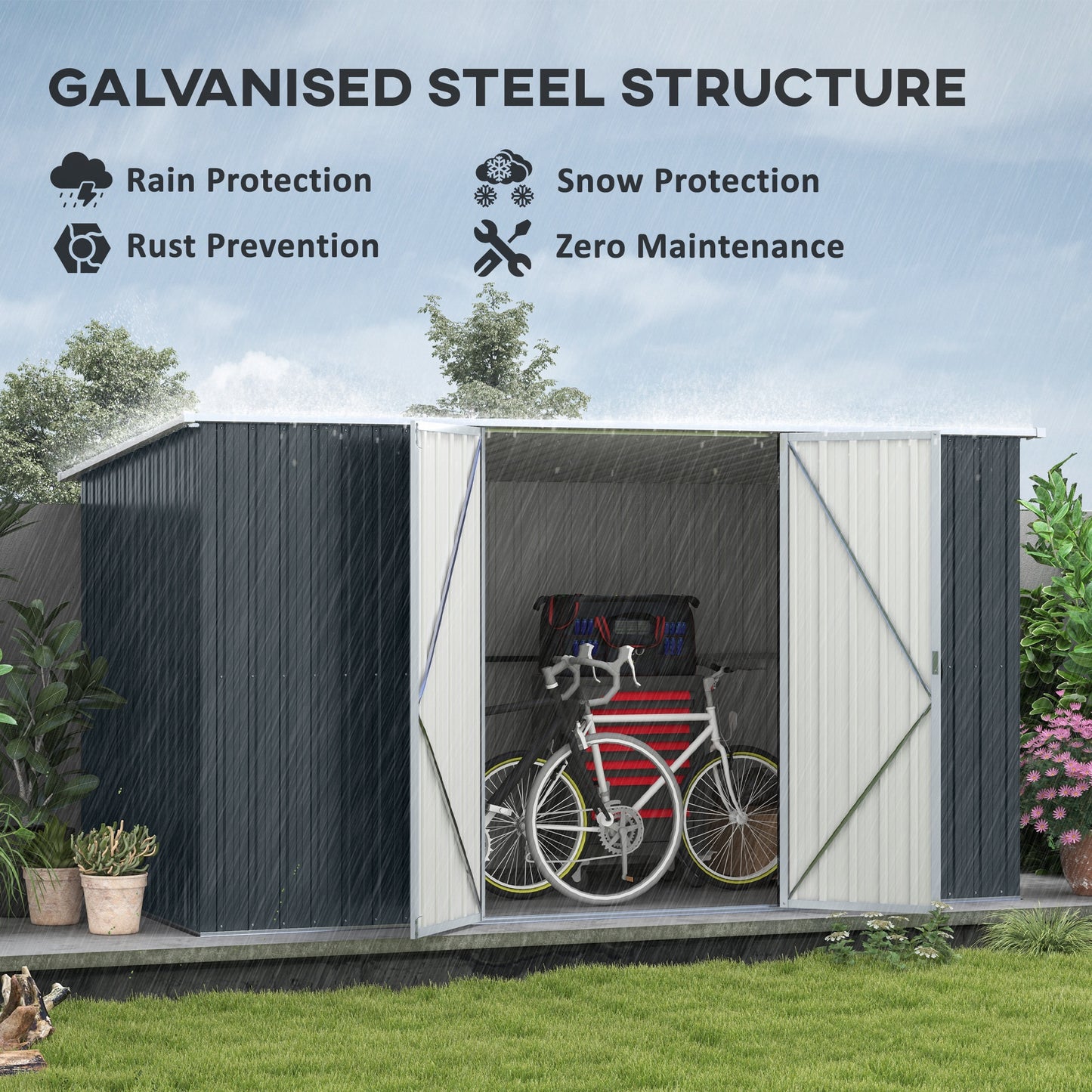 Outsunny 11 X 5.6ft Galvanised Steel Garden Shed With Lockable Doors Included Gloves For Outdoor Patio Garden Grey