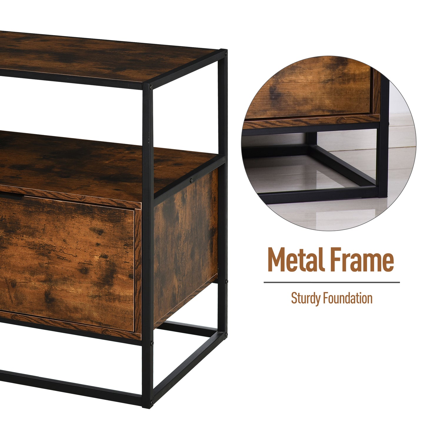 HOMCOM Industrial Style Side Table With Drawer Open Shelf Steel Frame Large Base Two Tone Chestnut Brown And Black
