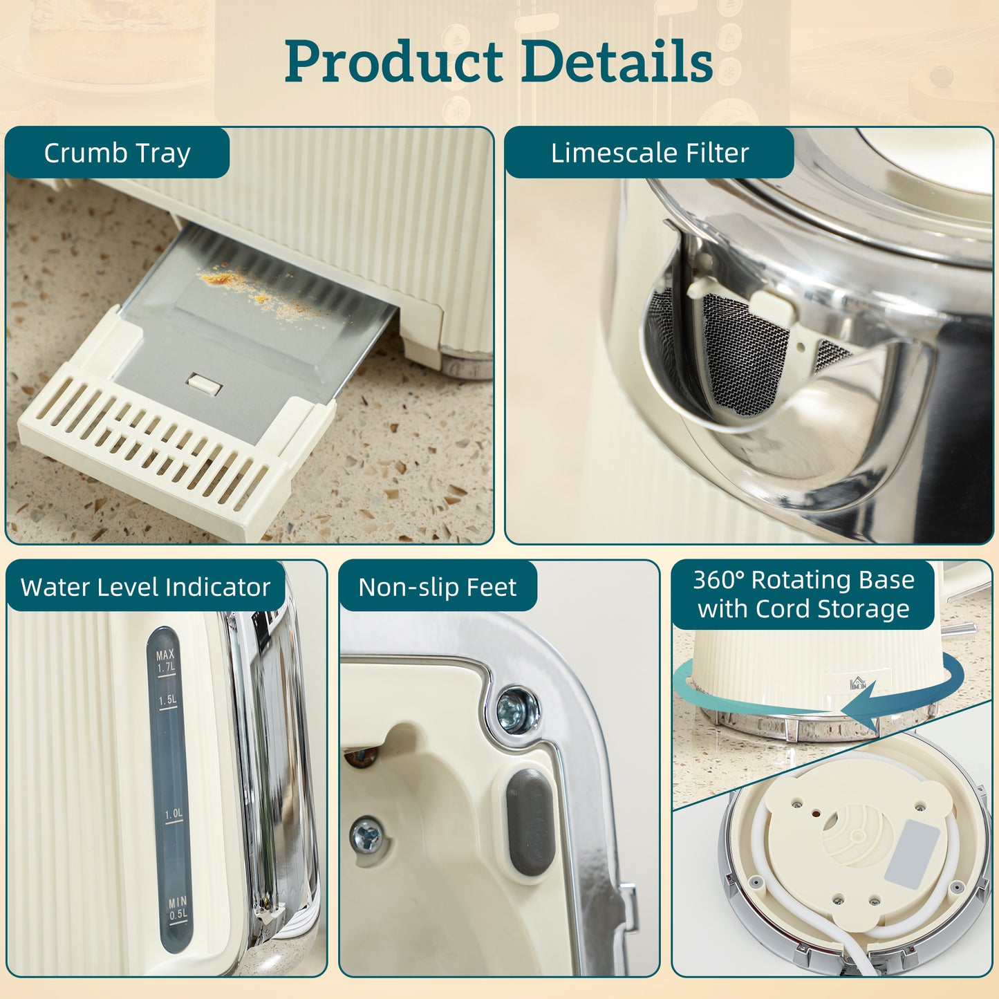 HOMCOM Kettle And 4 Slice Toaster Set Cream White 3000W 1.7L UK Strix Thermostat Cool Touch Limescale Filter