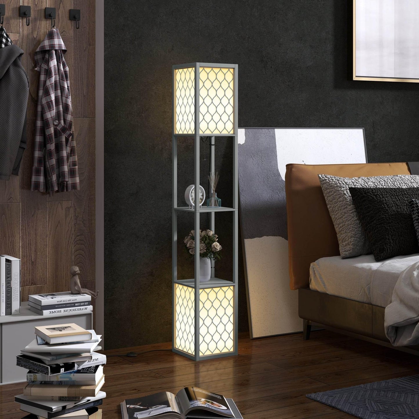 Modern Light Grey Standing Floor Lamp with Dual Shelves and Pull Chain Switch - ALL4U RETAILER LTD