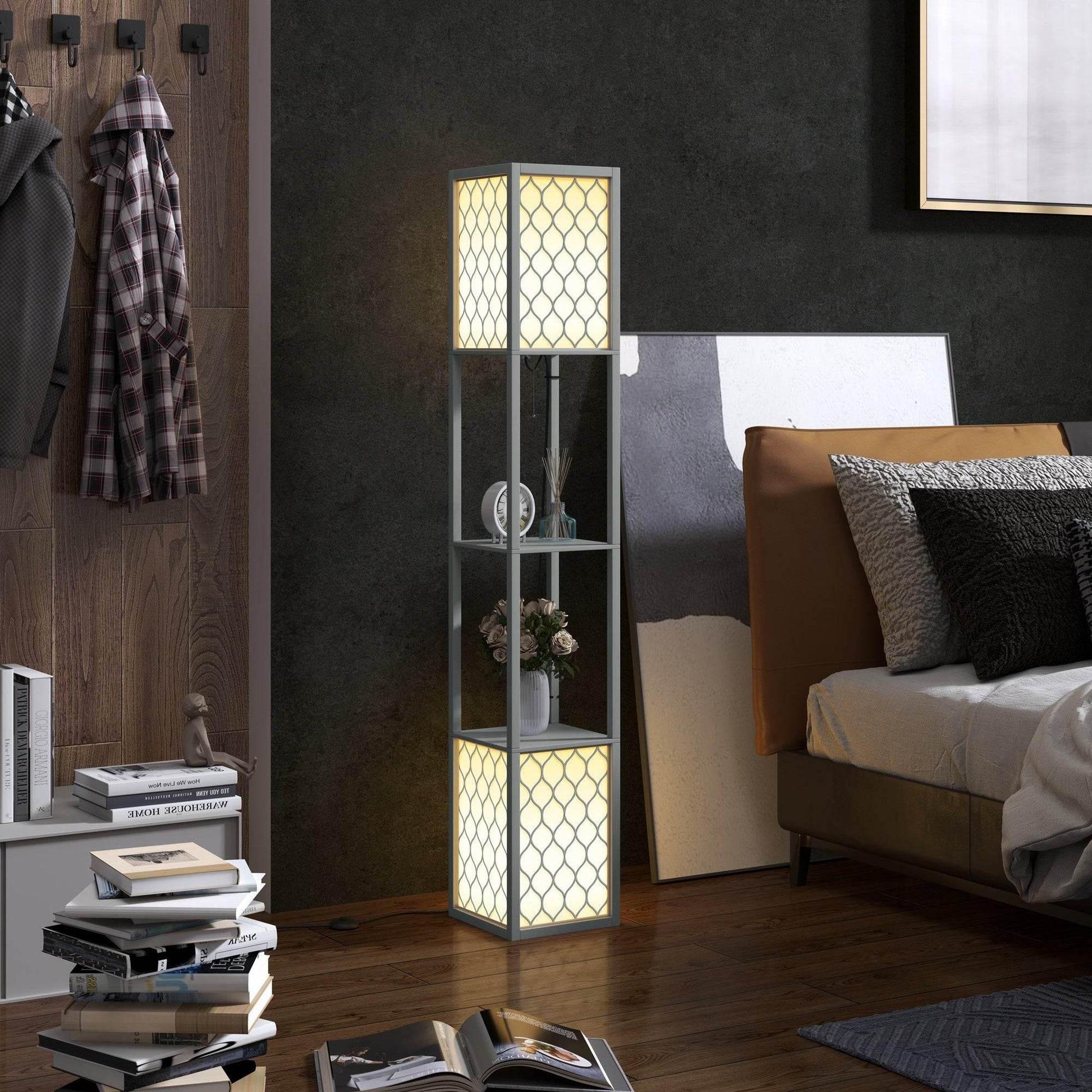 Modern Light Grey Standing Floor Lamp with Dual Shelves and Pull Chain Switch - ALL4U RETAILER LTD
