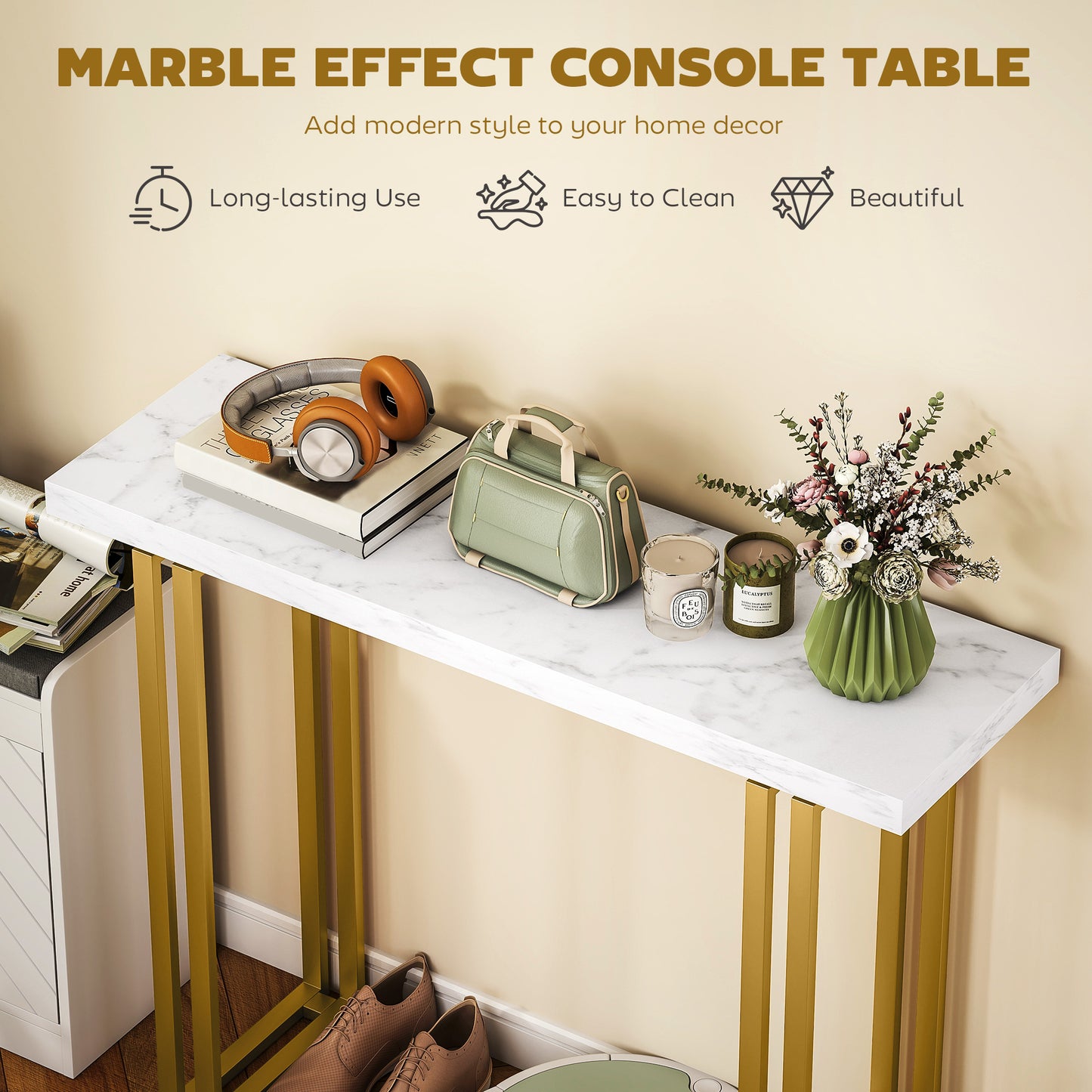 HOMCOM 100 cm Console Table With Faux Marble Top Narrow Entryway Table Anti-Tipping Device White