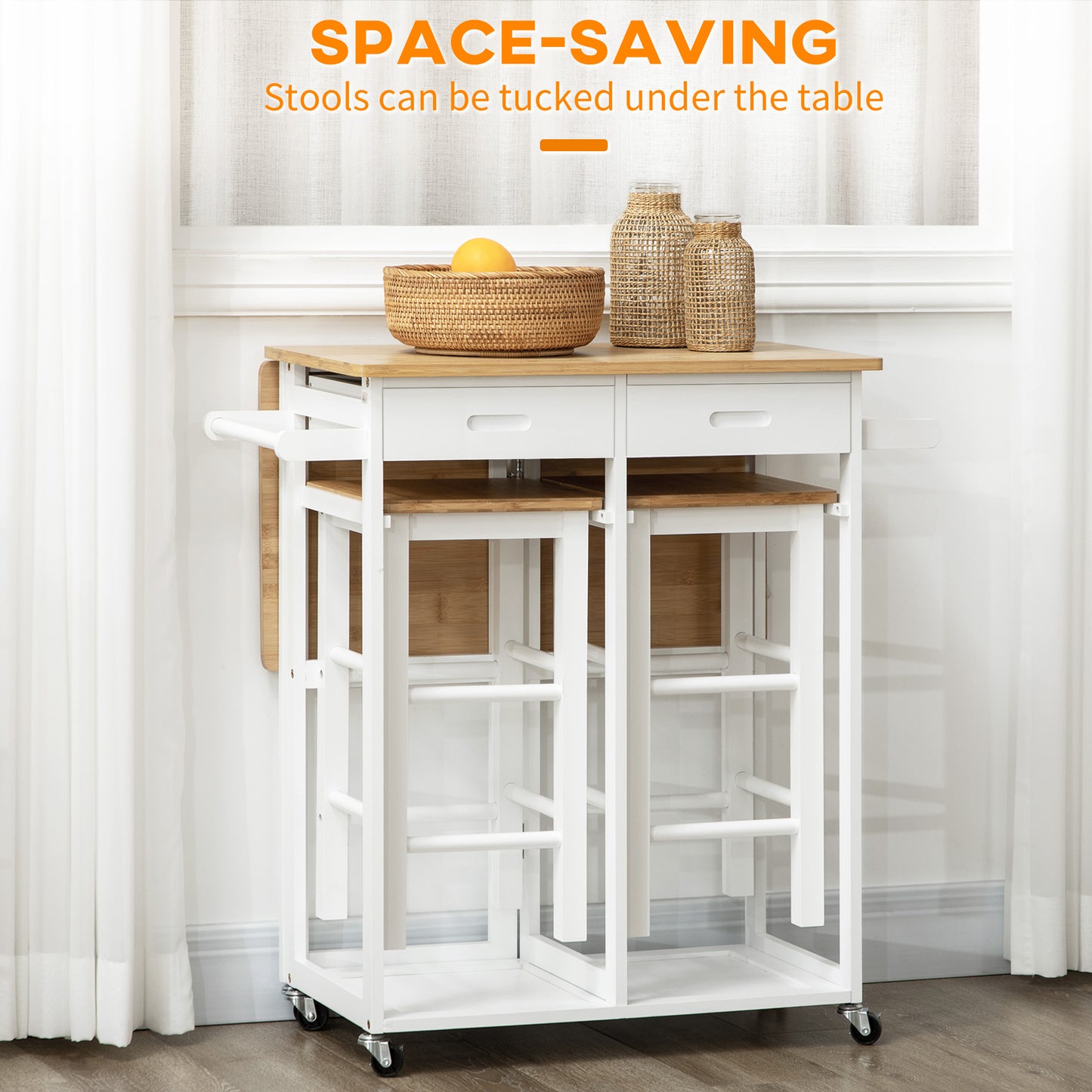 HOMCOM Bamboo Kitchen Island Cart With Drop Leaf Breakfast Bar 2 Stools Drawers Towel Rack Rolling Cart White