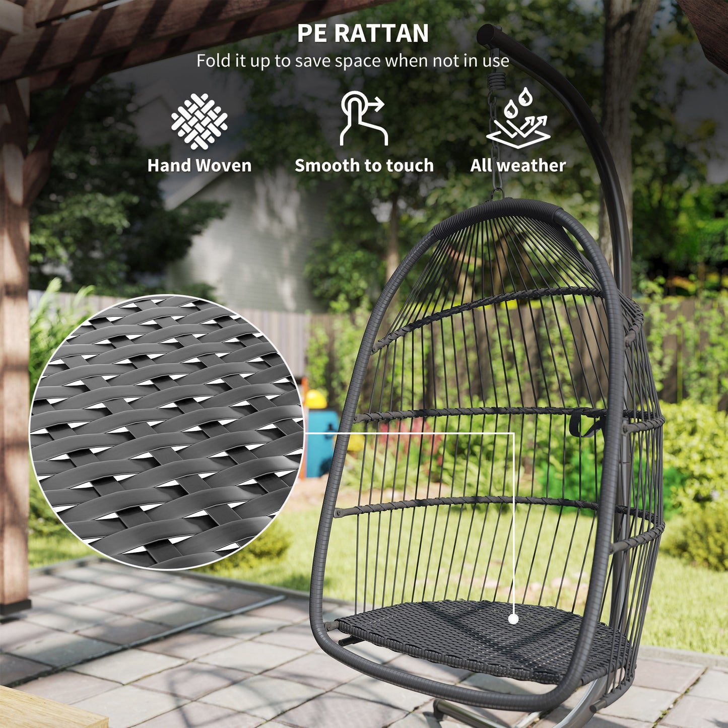 Outsunny Rattan Hanging Egg Chair With Stand Outdoor Indoor Foldable Wicker Swing With Cushion Capacity 150 Kg Dark Grey