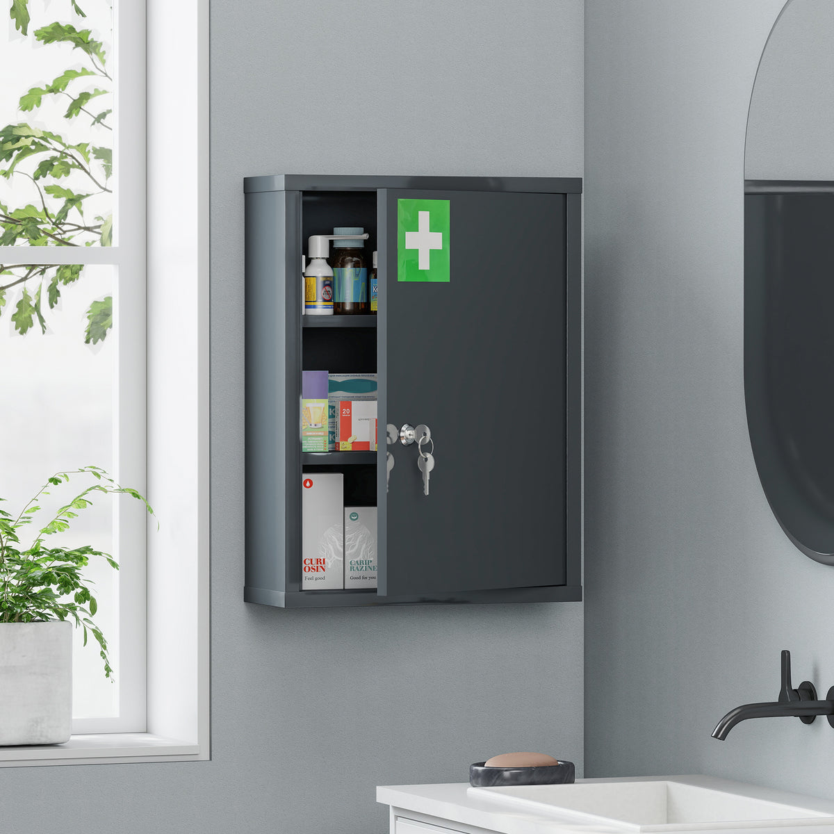 Kleankin Locking Medicine Cabinet With Three Tier Shelves And Two Keys