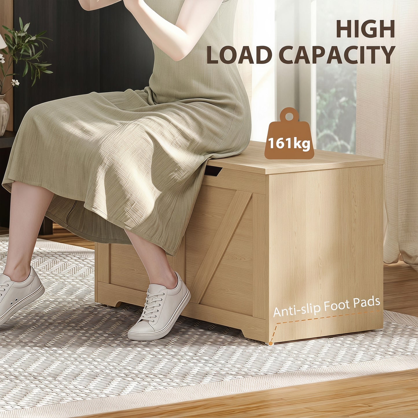 HOMCOM 127L Storage Box With Safety Hinges And Flat Lid Nature Wood Finish Ideal For Blanket Storage And Seating
