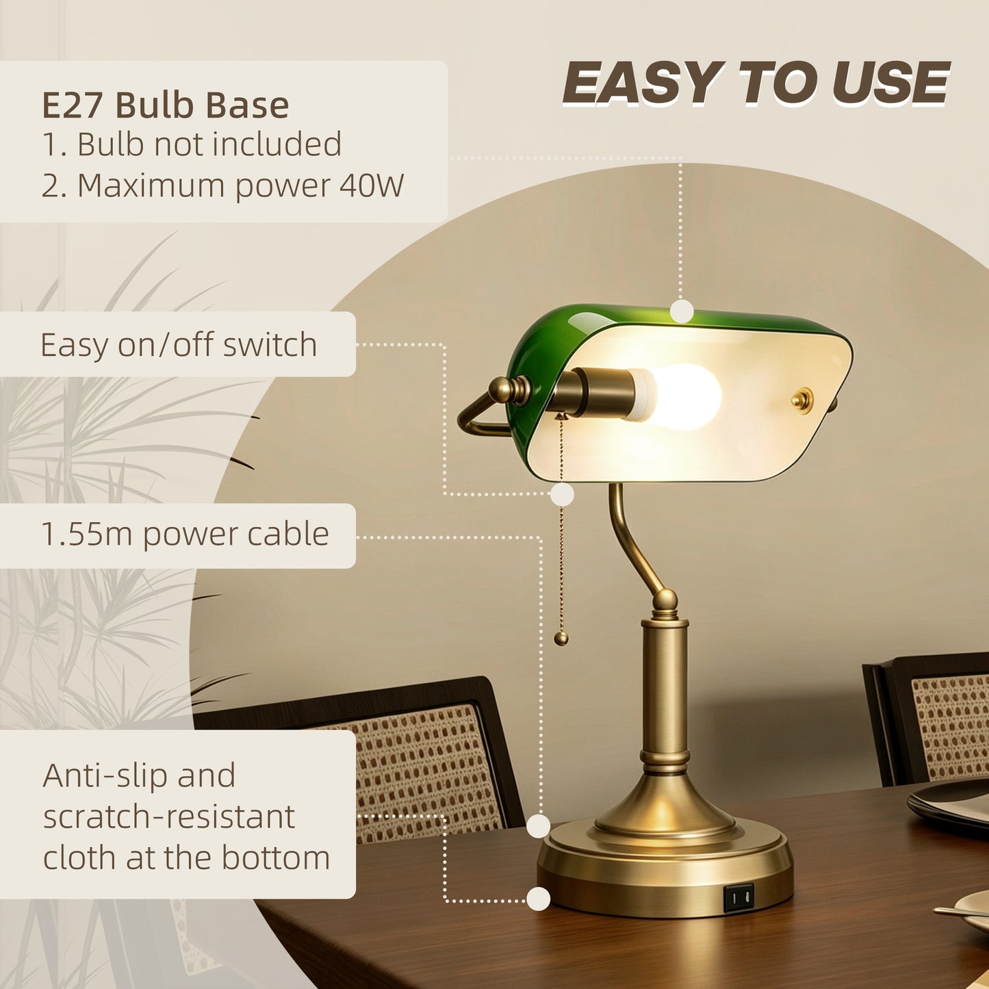HOMCOM Bankers Style Desk Lamp With USB Ports And Pull Rope Switch, Vintage Bronze Tone Base, Green Glass Shade