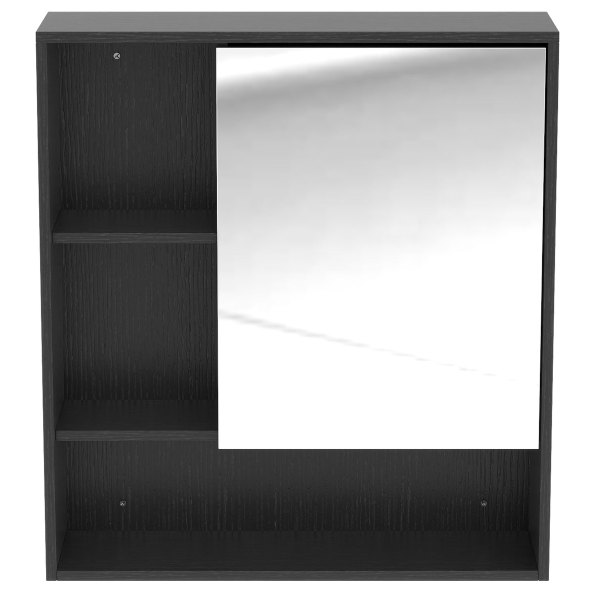 Black wall-mounted bathroom mirror cabinet with open adjustable shelving
