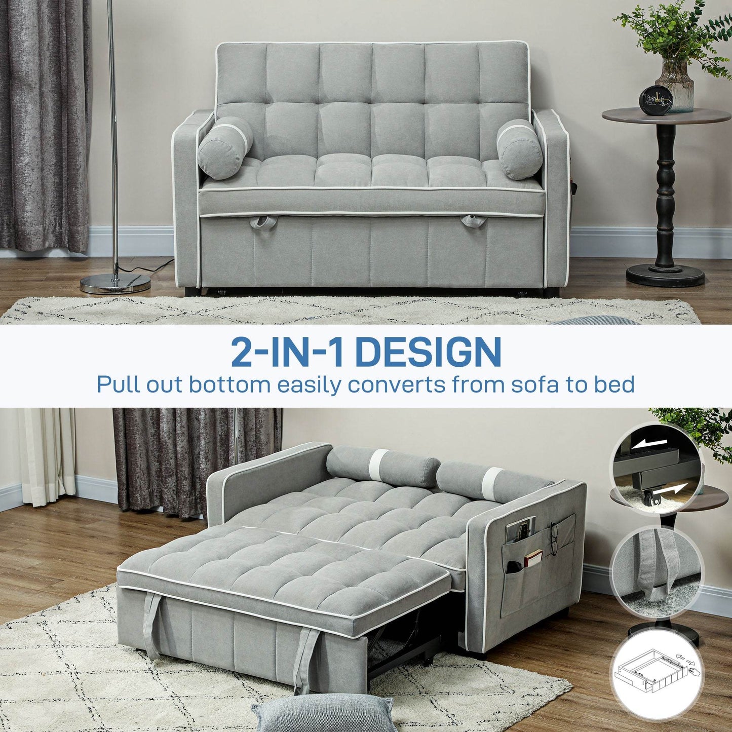 HOMCOM Light Grey Linen-Look Convertible Sofa Bed with Adjustable Backrest - ALL4U RETAILER LTD