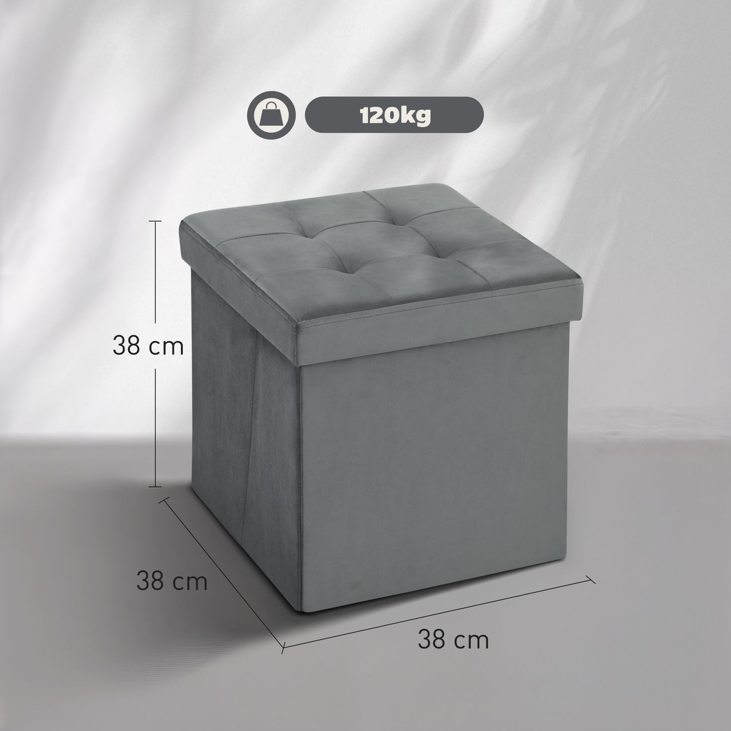 HOMCOM Foldable Velvet Feel Storage Ottoman Grey With High Density Foam And Hidden Space Saving Storage Box