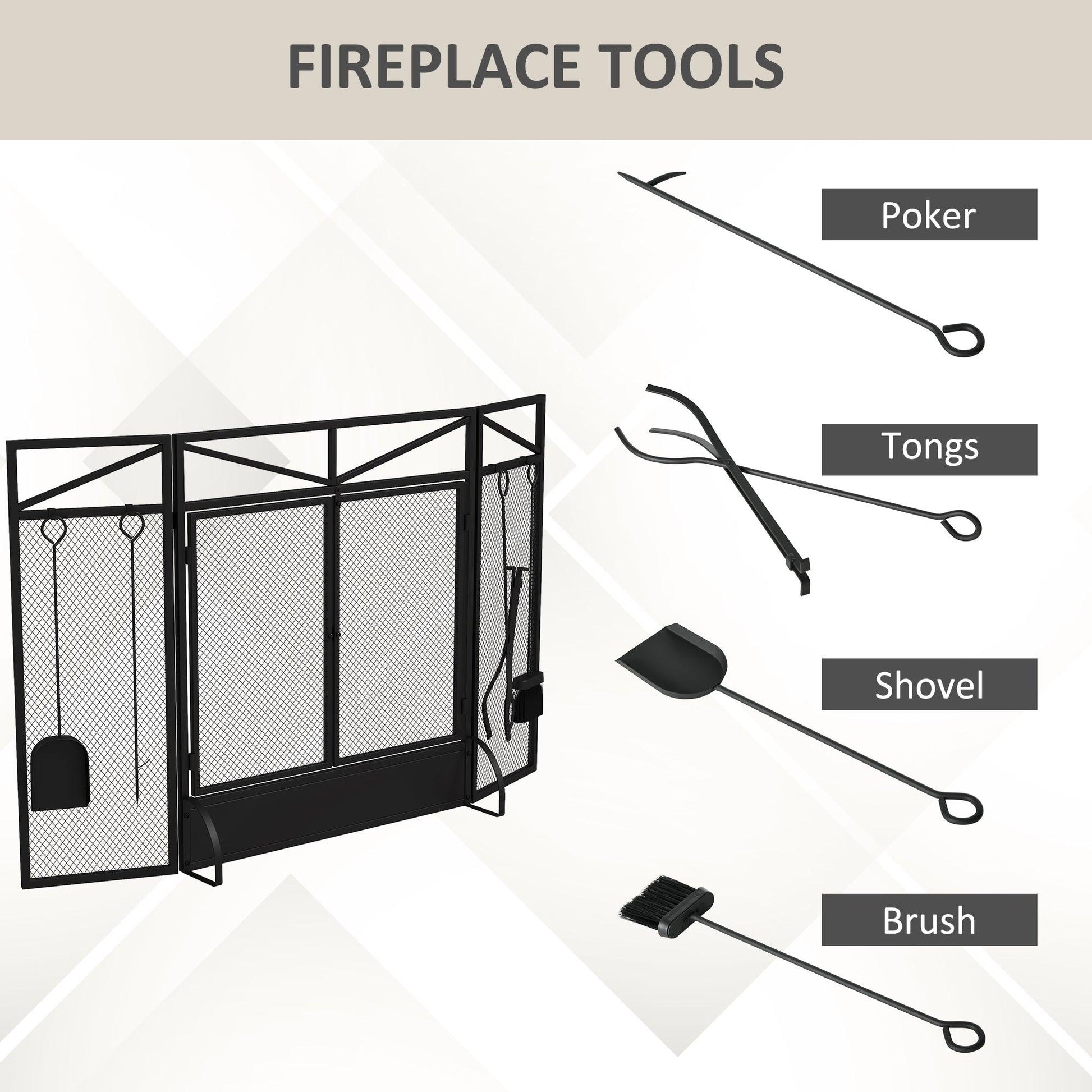 HOMCOM 3 Panel Folding Fire Guard with Tool Doors Fire Screen Spark Guard - ALL4U RETAILER LTD