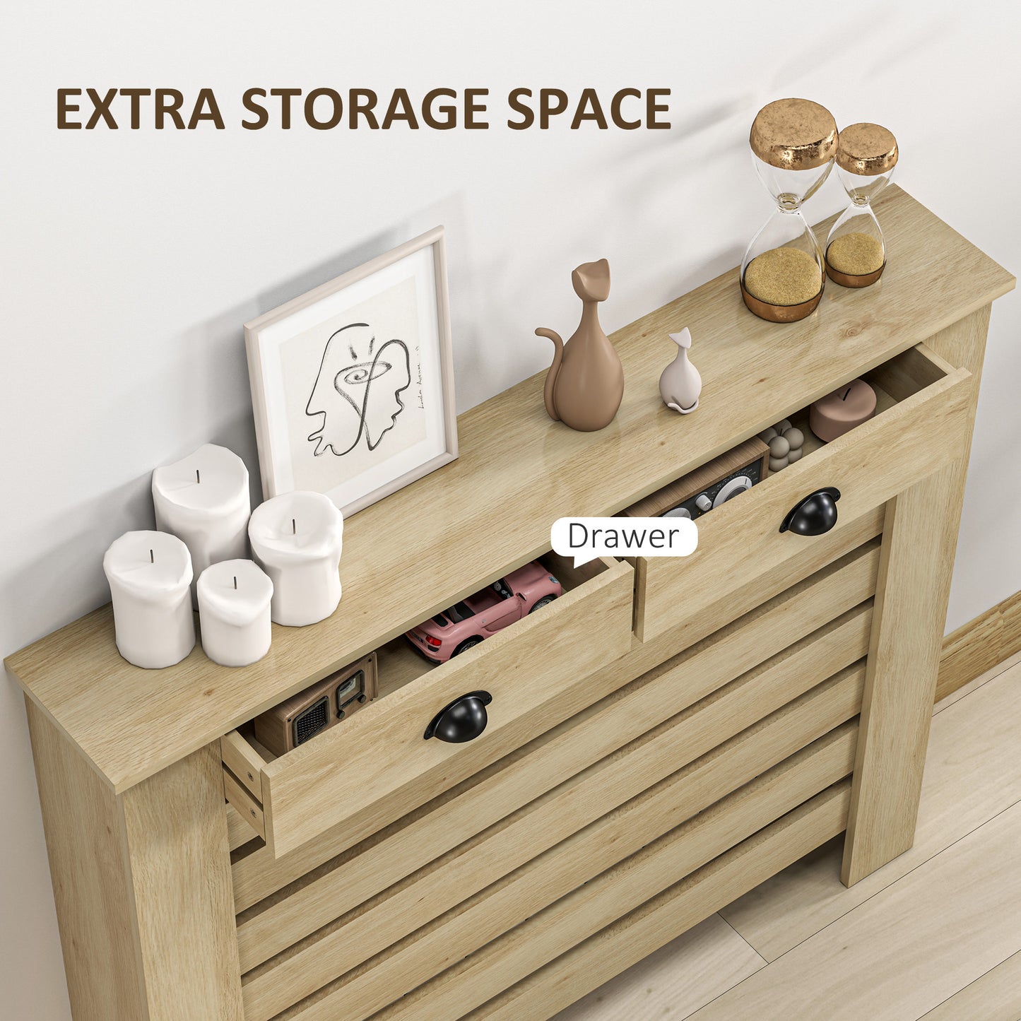 HOMCOM Oak Radiator Cover With Drawer 95.5H X 111W cm Slatted MDF And Particle Board