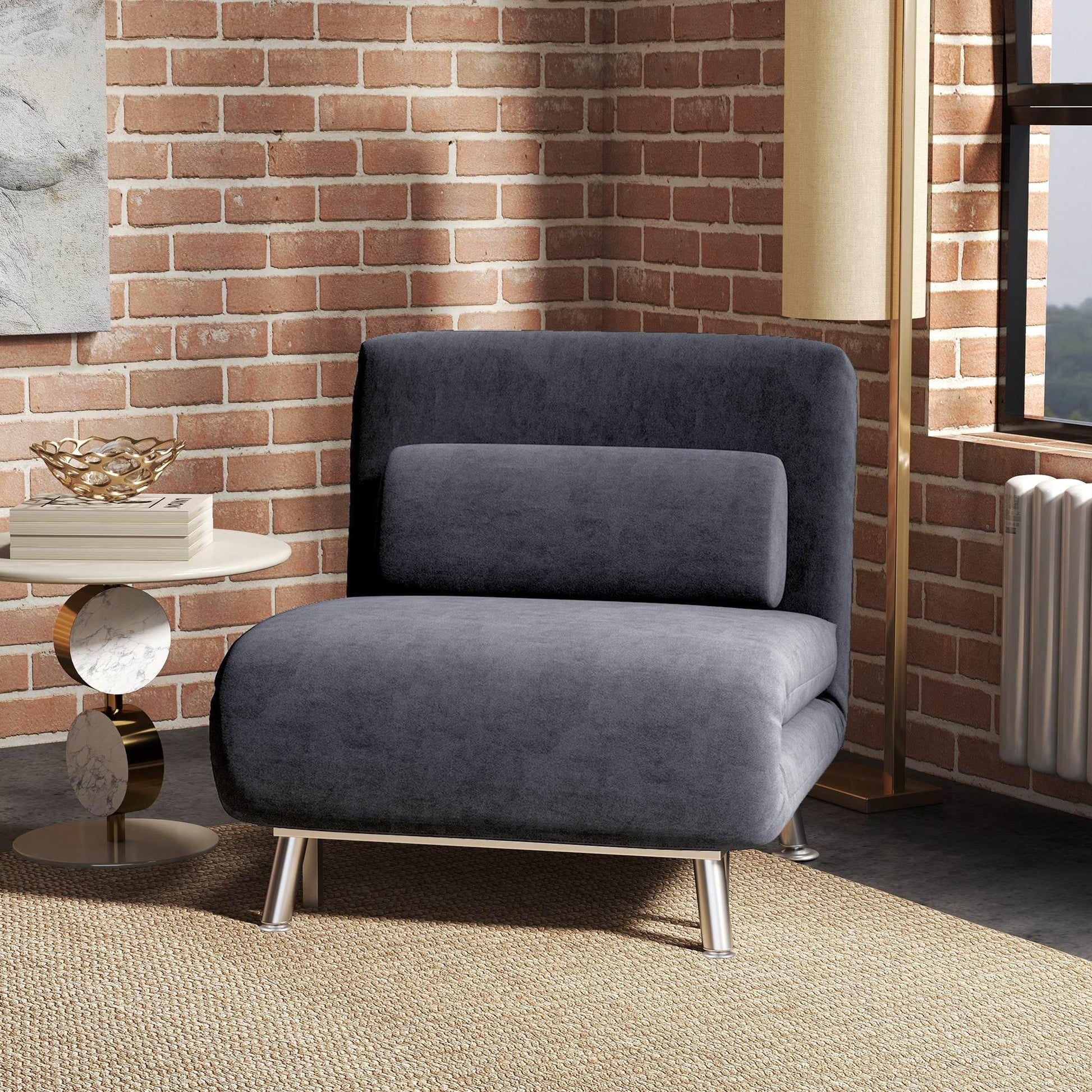 HOMCOM Versatile Charcoal Grey Velvet Sleeper Chair with Adjustable Backrest - ALL4U RETAILER LTD