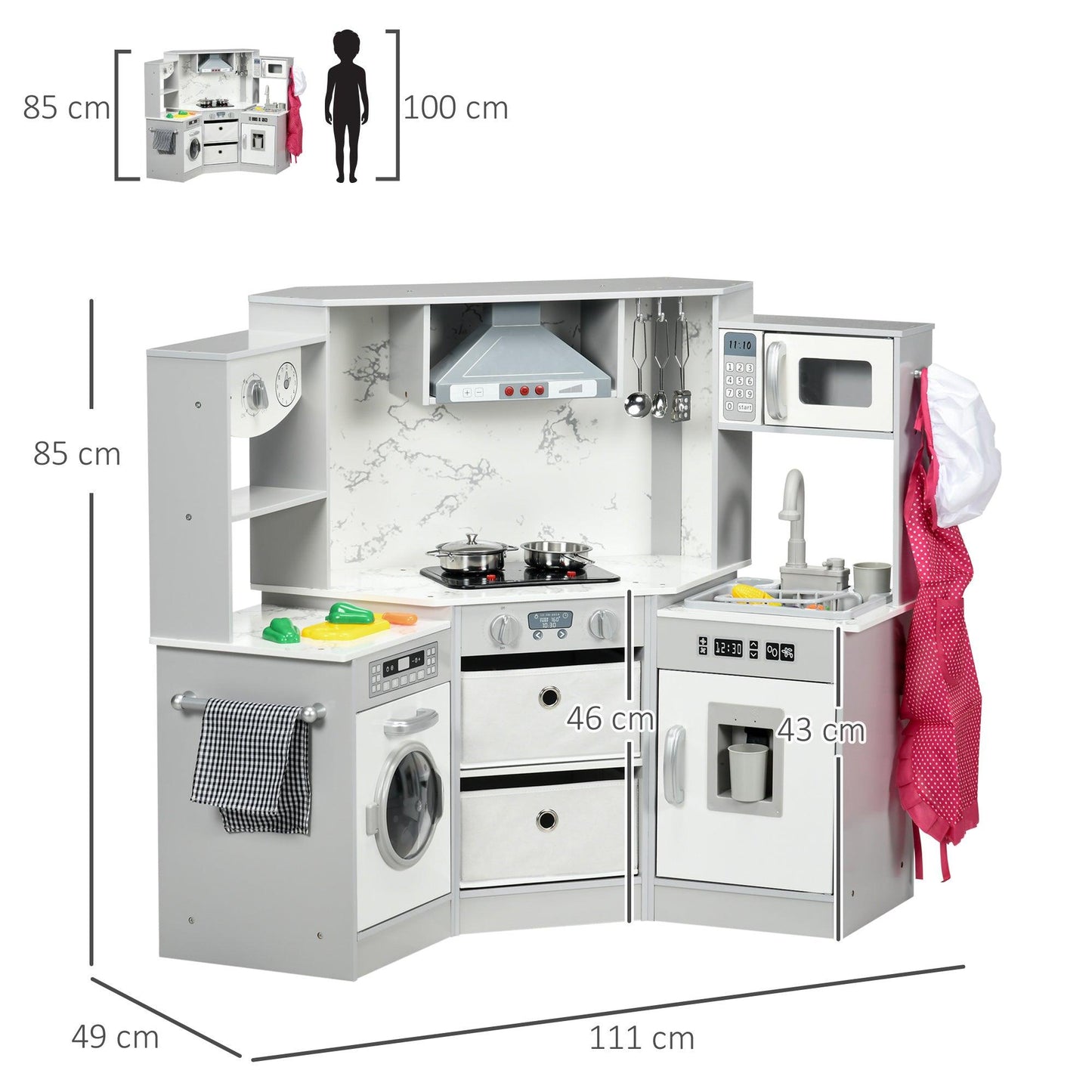 AIYAPLAY Toy Kitchen with Running Water, Lights, Sounds, Apron, Chef Hat, Water Dispenser - Grey - ALL4U RETAILER LTD