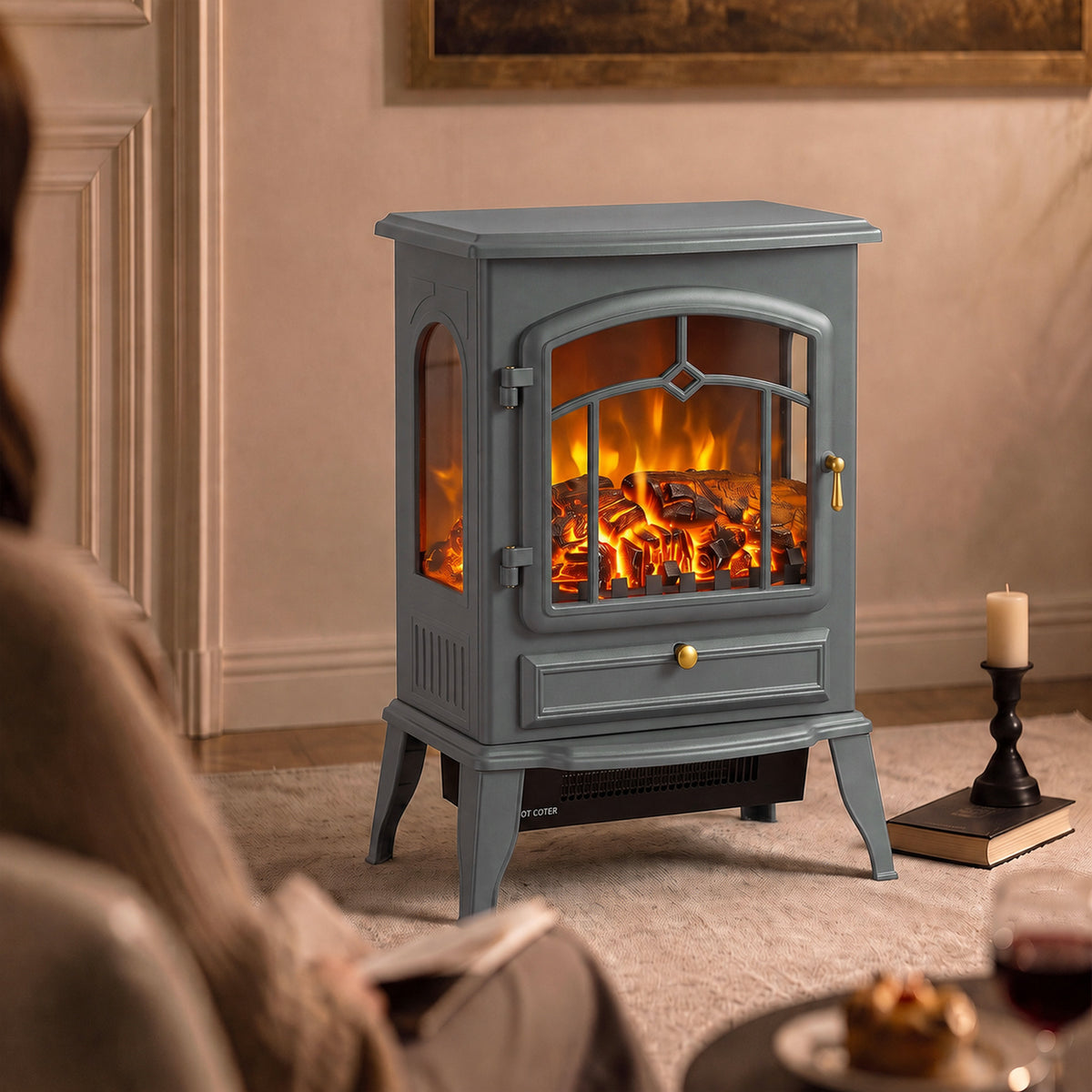 HOMCOM 3 Sided Electric Fireplace Heater with 3D Flame Log and Thermostat Grey