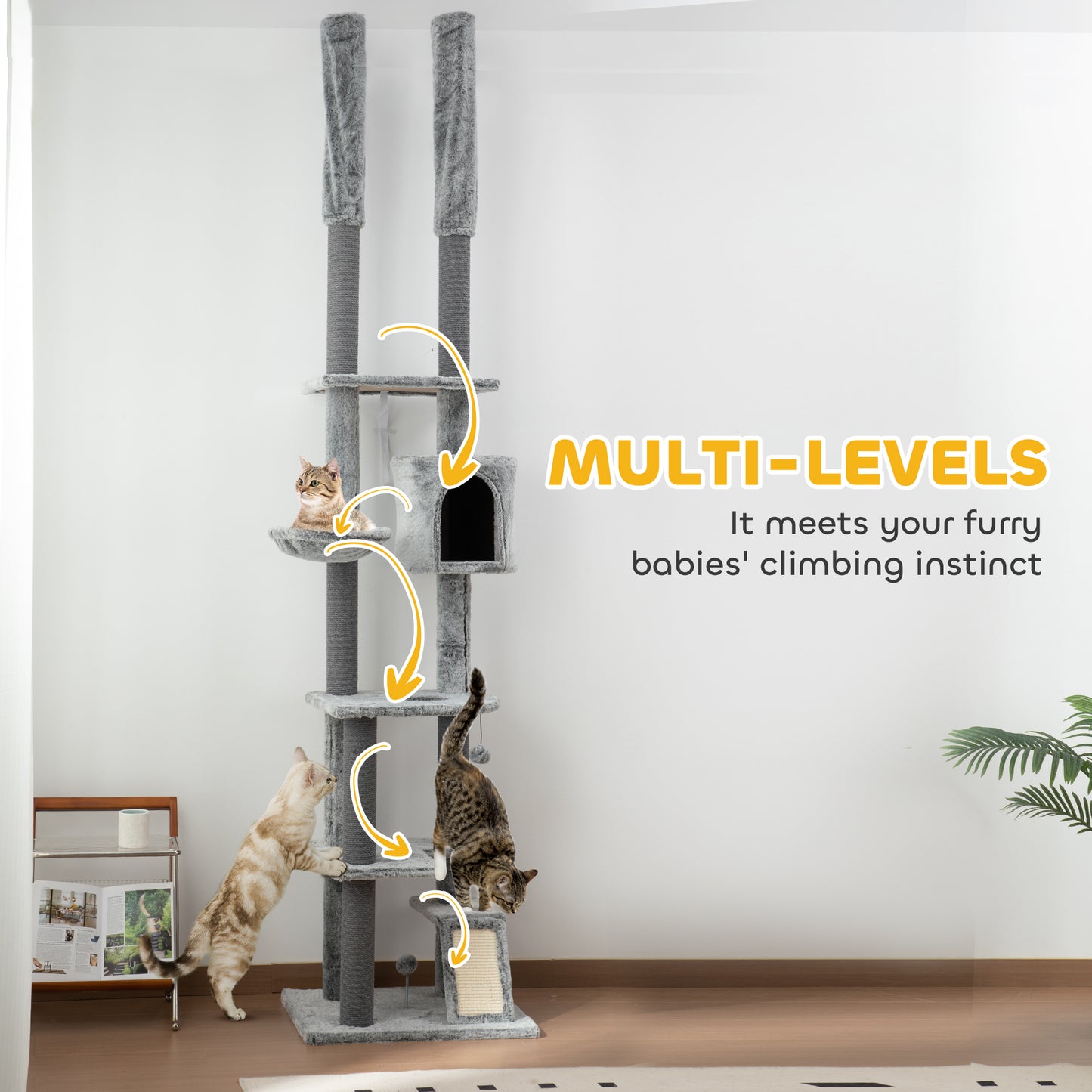 PawHut Adjustable Height Cat Tower with Scratching Posts, Condo, and Ramp - Floor-to-Ceiling Design