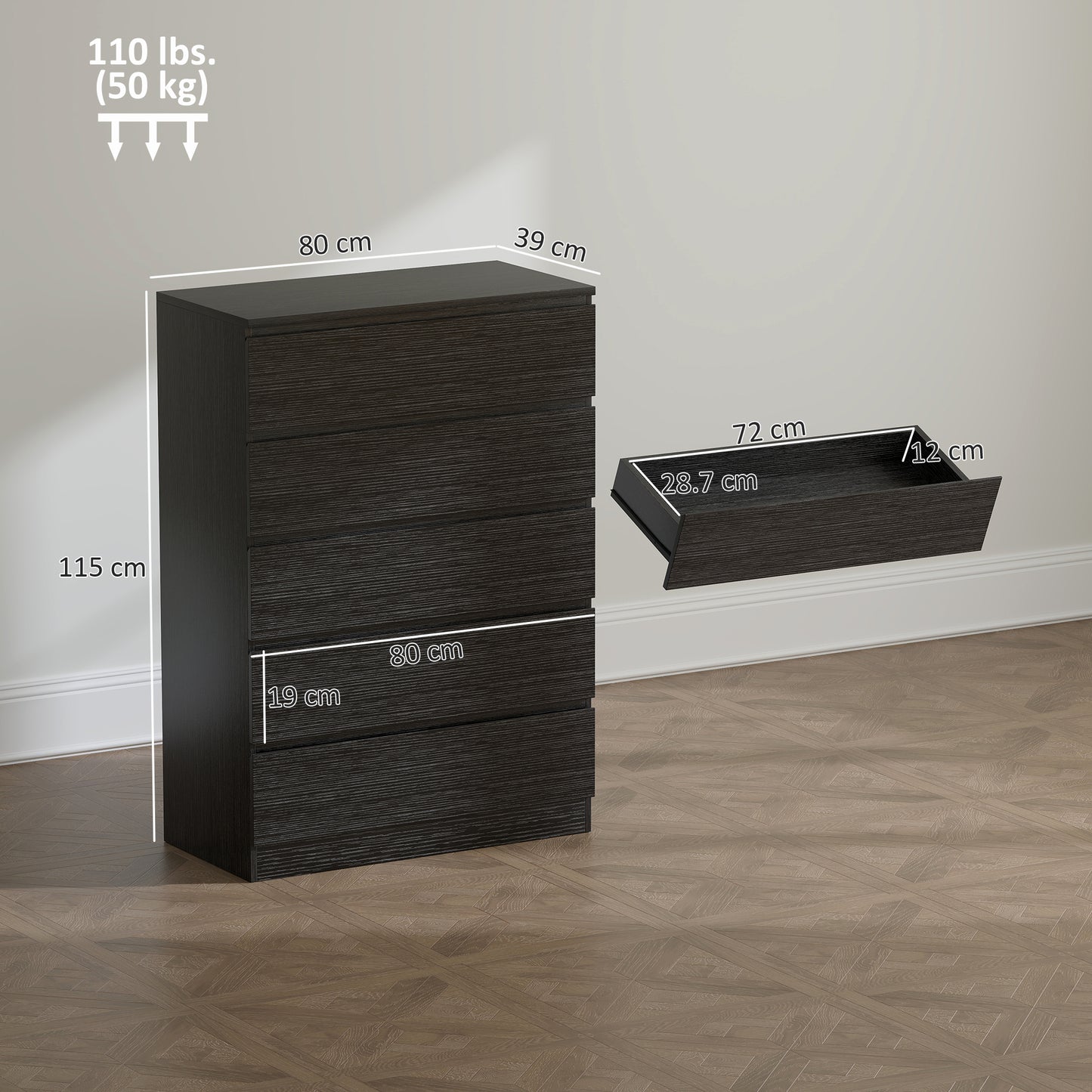 HOMCOM 5 Drawer Chest Of Drawers Modern Black Dresser With Anti Tip Device No Handle Rails For Bedroom Living Room