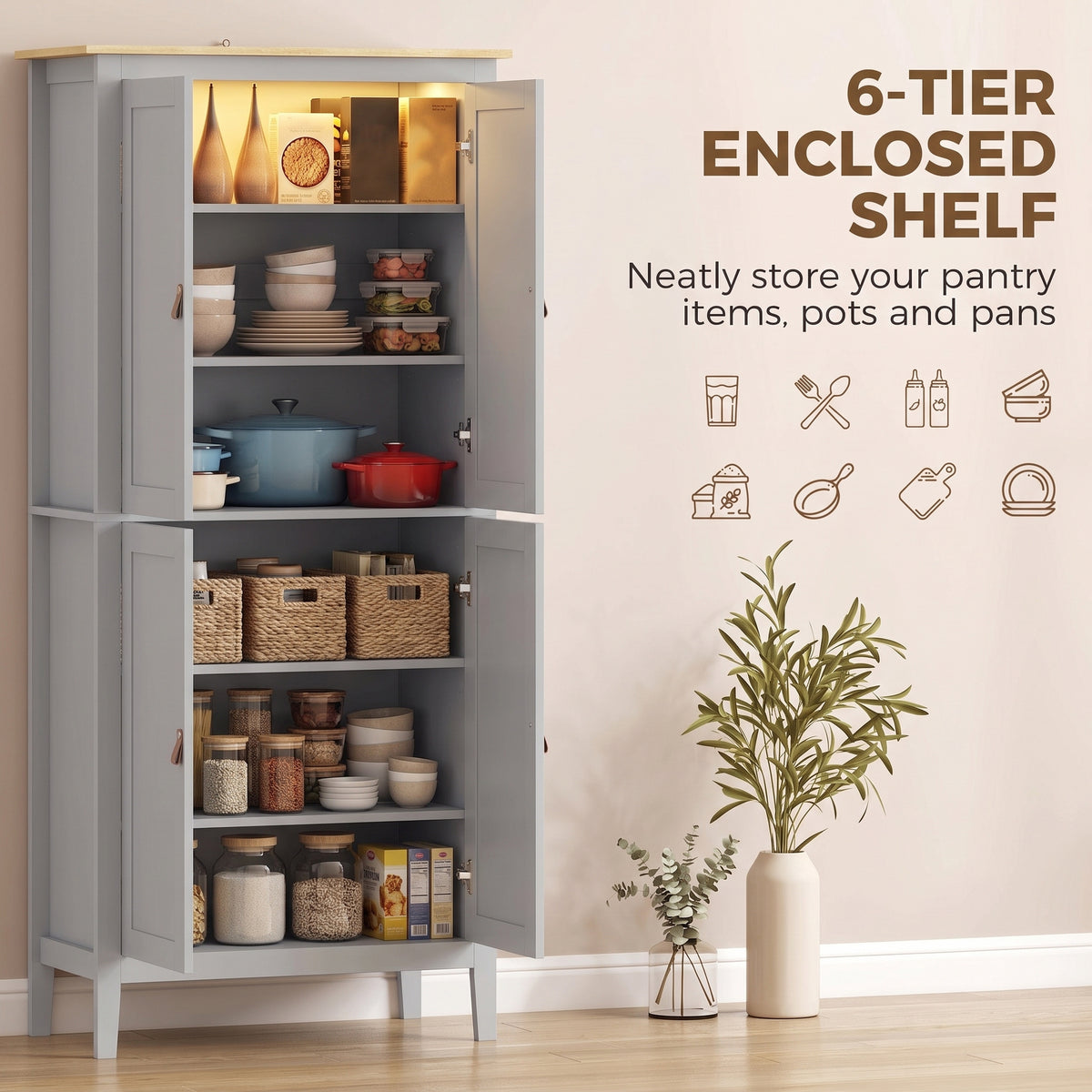 Grey pantry cupboard with open door showing enclosed multi-tier shelves for storage