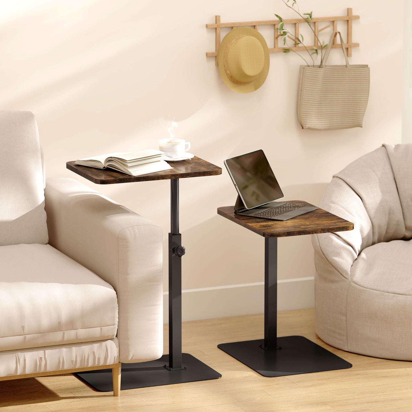 HOMCOM C Shaped End Table With Adjustable Height And Metal Base For Living Room Bedroom Rustic Brown