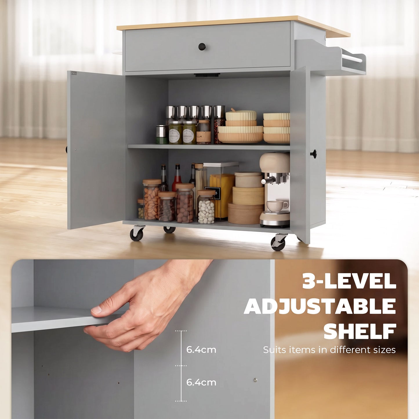 HOMCOM Kitchen Island With Drop Leaf And Rolling Wheels In Grey