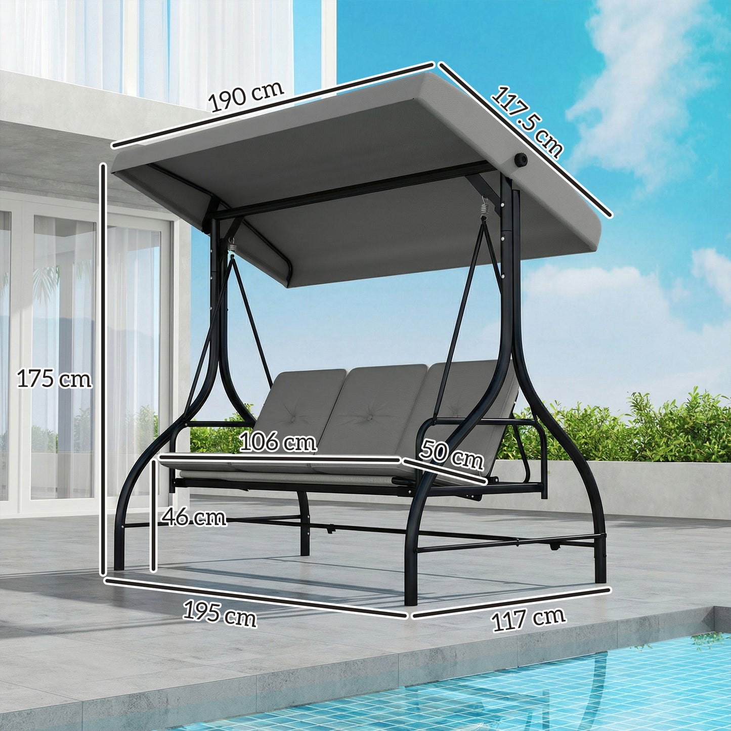 Outsunny 3 Seater Canopy Swing Chair 2 In 1 Garden Swing Seat Bed With Adjustable Canopy And Metal Frame Light Grey