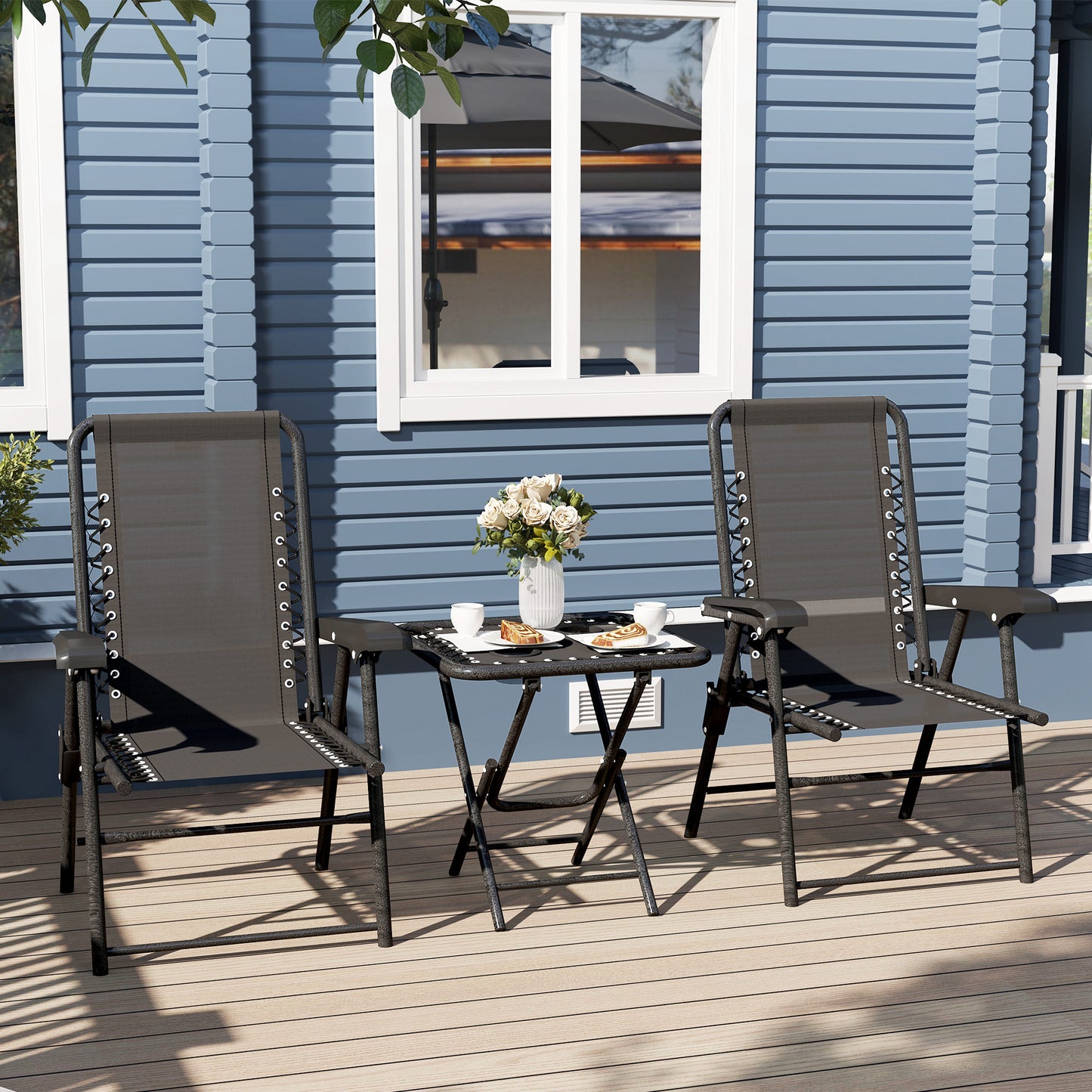 Outsunny Black Three Piece Garden Table And Chair Set With Powder Coated Steel Frame And Texteline Fabric
