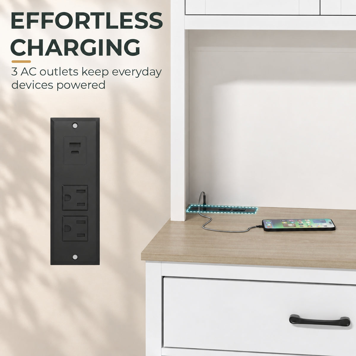 White cabinet charging station with black outlet panel and open shelf drawer