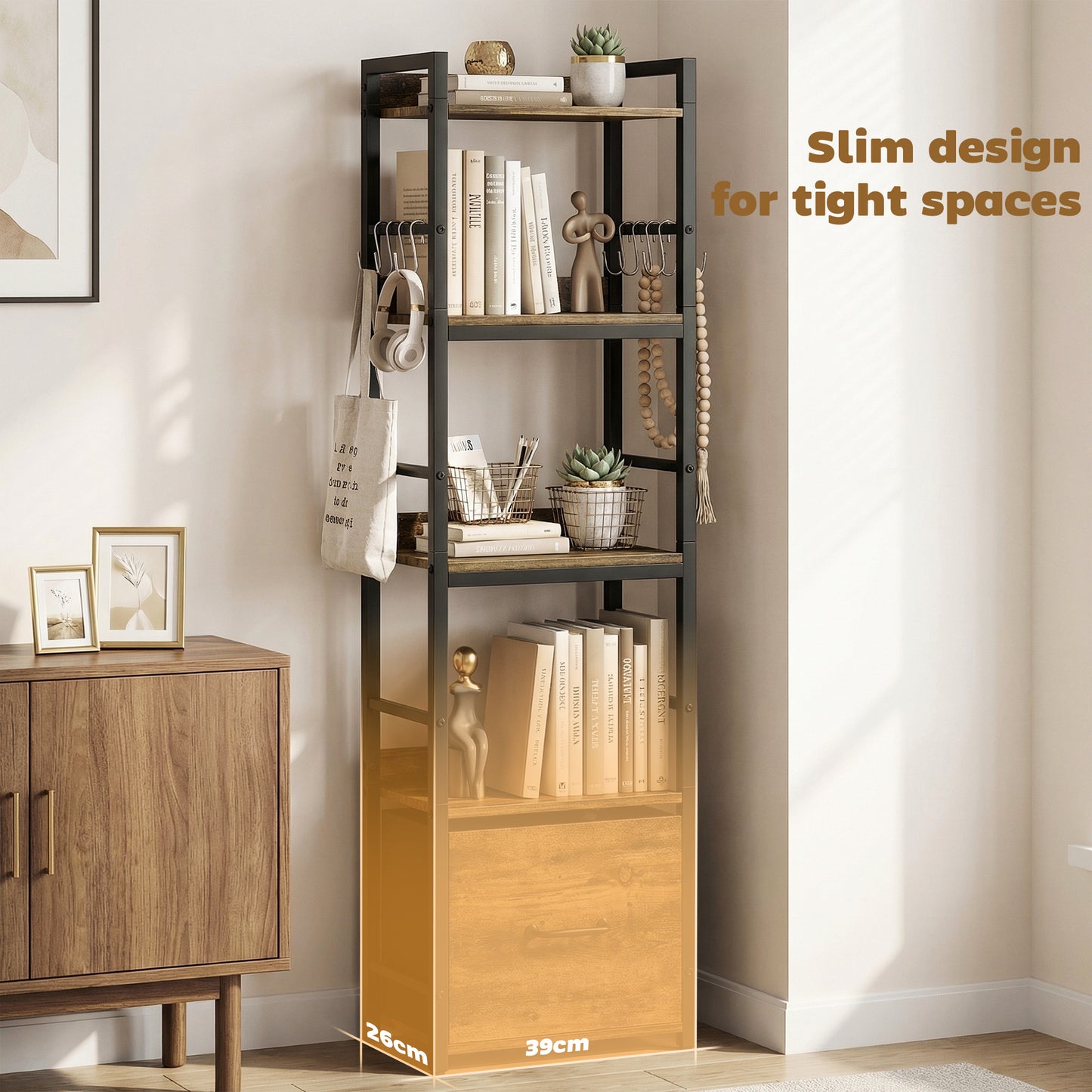 HOMCOM 4 Tier Narrow Bookshelf with Drawer and 8 Hooks, Metal Frame, Rustic Brown Finish
