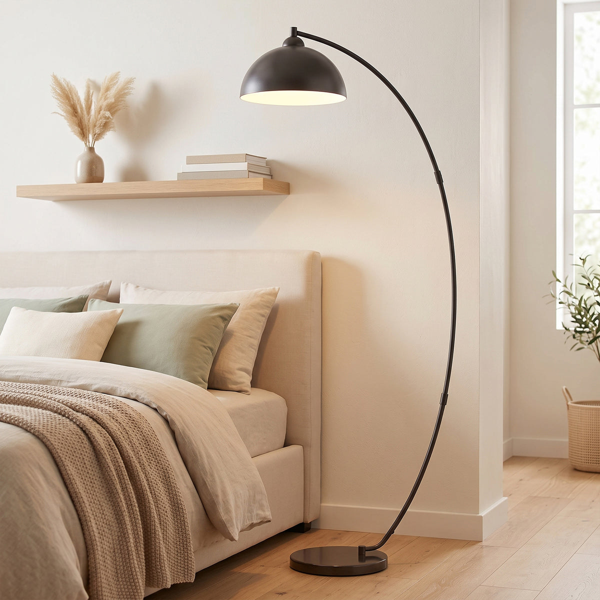 Black arc floor lamp with bowl-shaped shade and circular base