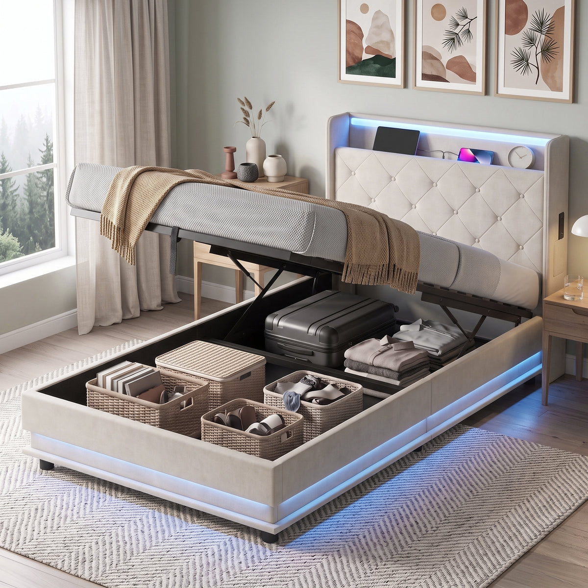 Homcom 3ft Single Bed Frame With Hydraulic Storage LED Lights
