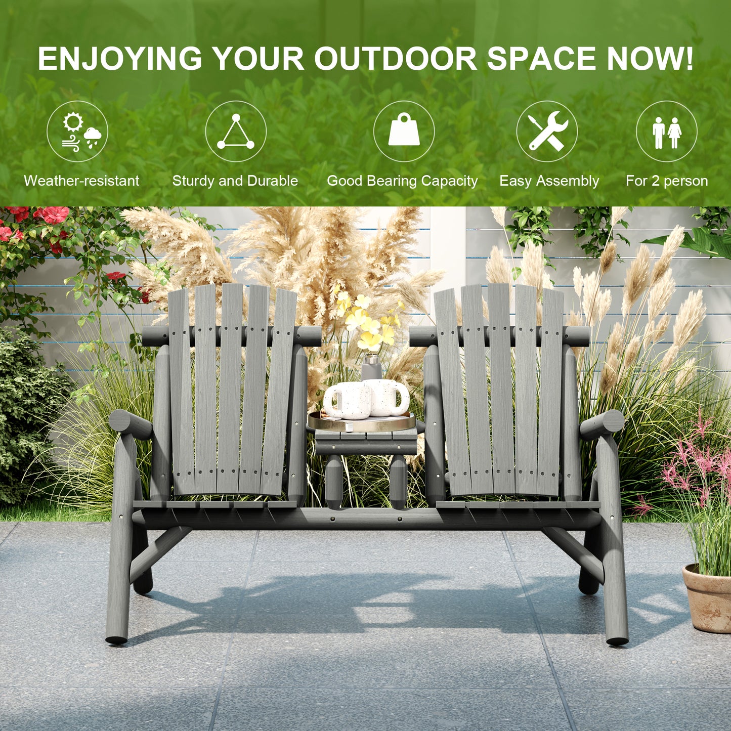 Outsunny Wood Patio Bench For Two With Center Coffee Table Grey Garden Outdoor Seating