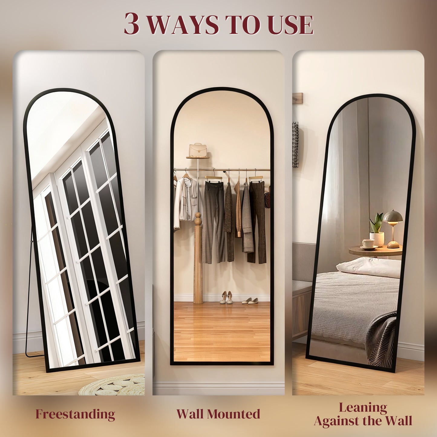 HOMCOM 165cm Aluminium Frame Standing Mirror Black Two Way Design With Wall Mount Option