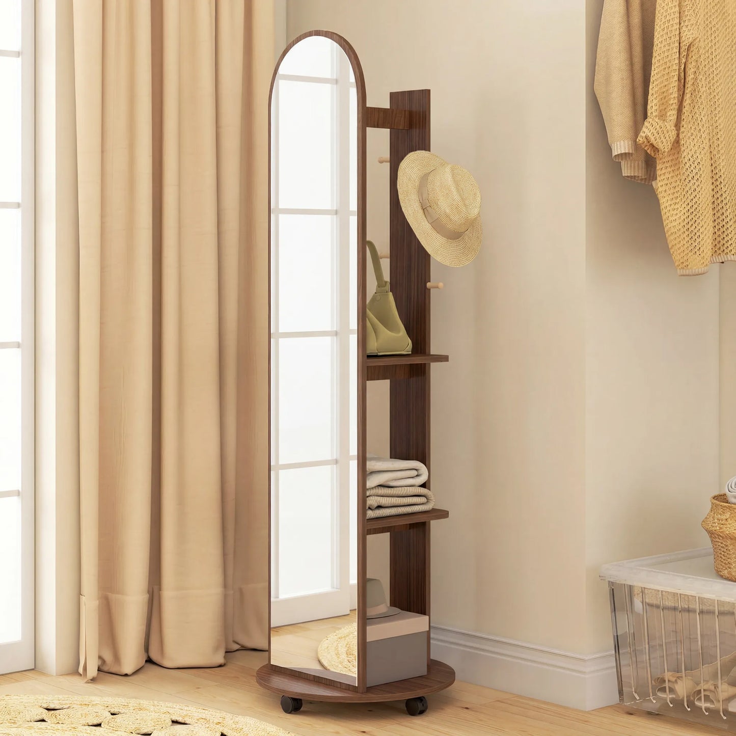HOMCOM 2 In 1 Full Length Mirror With Storage Shelves Floor Mirror With 4 Wheels Coat Rack And Hooks Brown Wood Effect