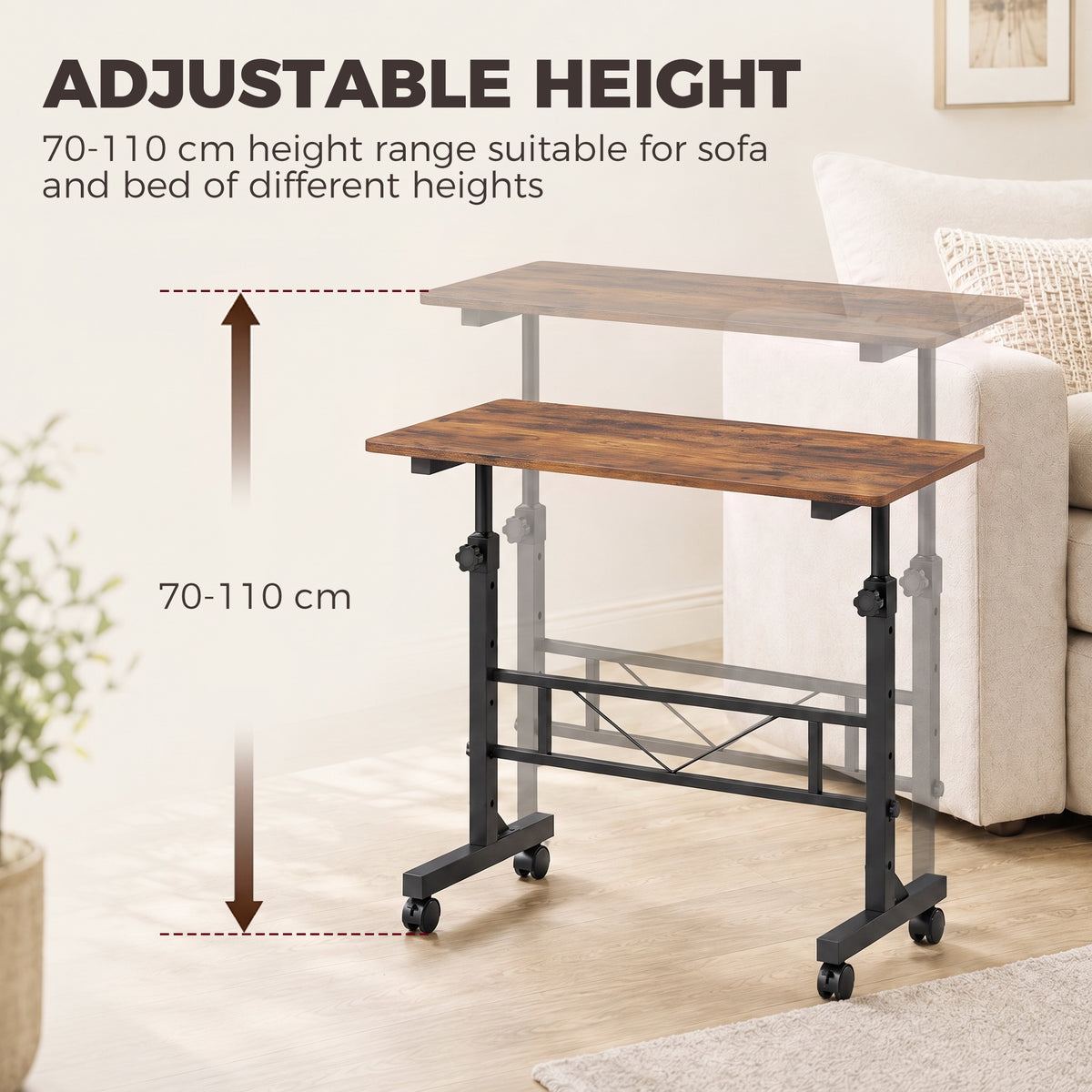 Height-adjustable overbed table with dark wood top and cross-brace base on casters