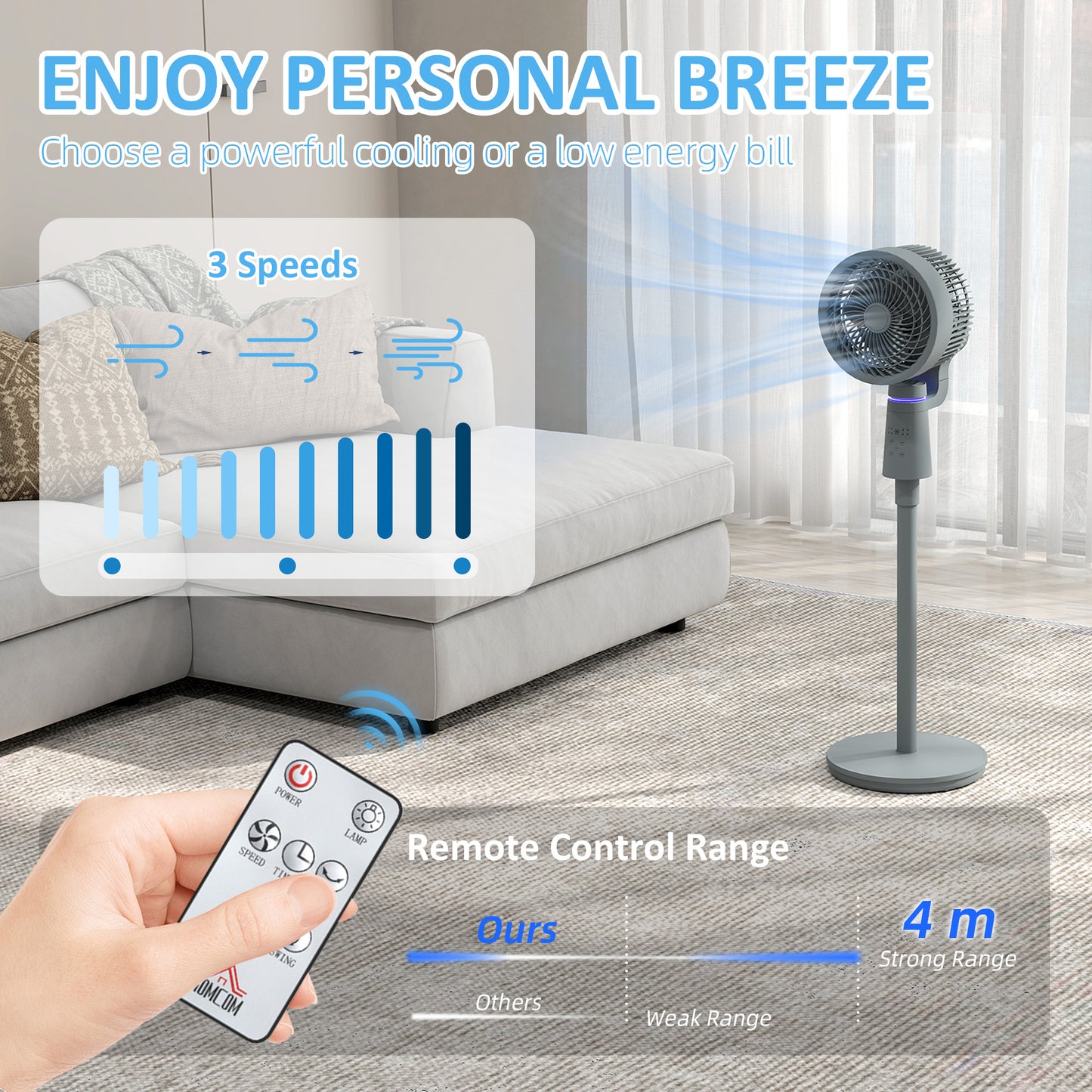 HOMCOM Pedestal Air Circulation Fan With Oscillation Grey Light Off 3 Speeds Ideal For Home And Bedroom Use