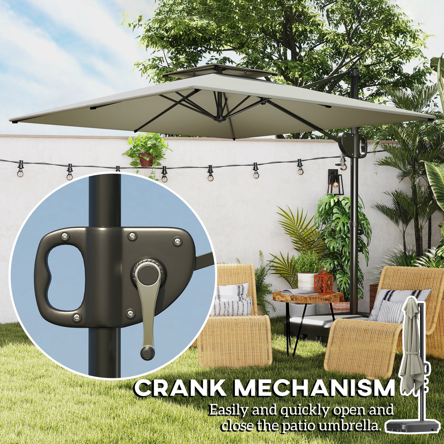 Outsunny Cantilever Parasol With Weighted Base Double Top Square Hanging Patio Umbrella Crank Tilt Light Grey