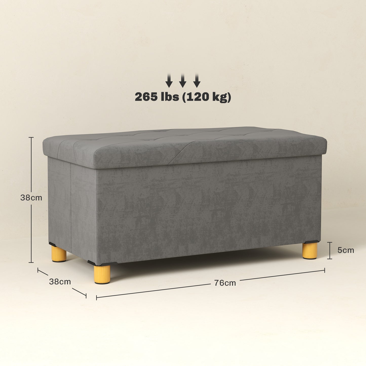 Velvet Upholstered Foldable Storage Ottoman Footrest With Wooden Legs For Living Room Grey