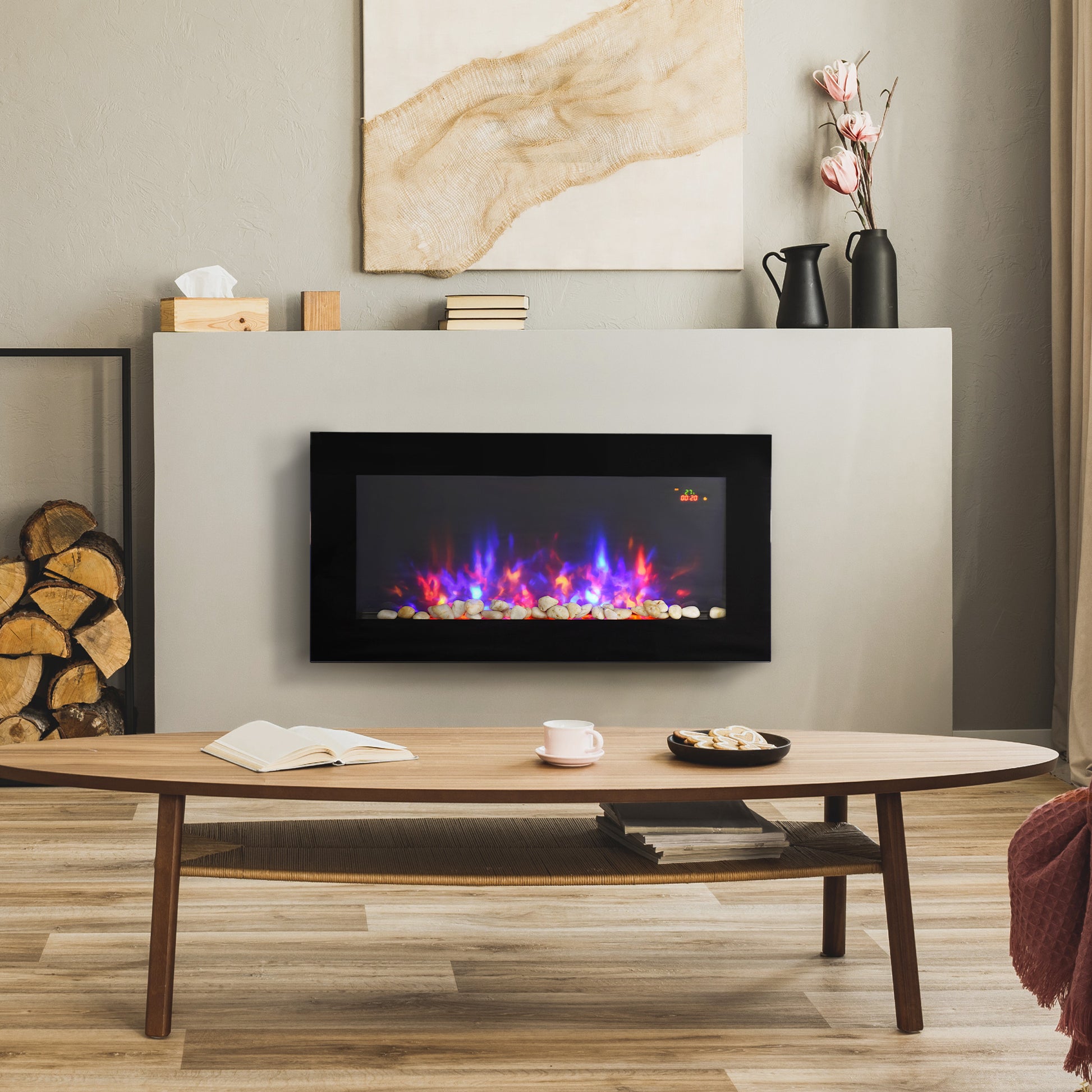 HOMCOM Sleek LED Electric Fireplace Heater with Remote Control and Faux Flame Effect - 1000W/2000W Adjustable Heat, Wall-Mounted Design - ALL4U RETAILER LTD