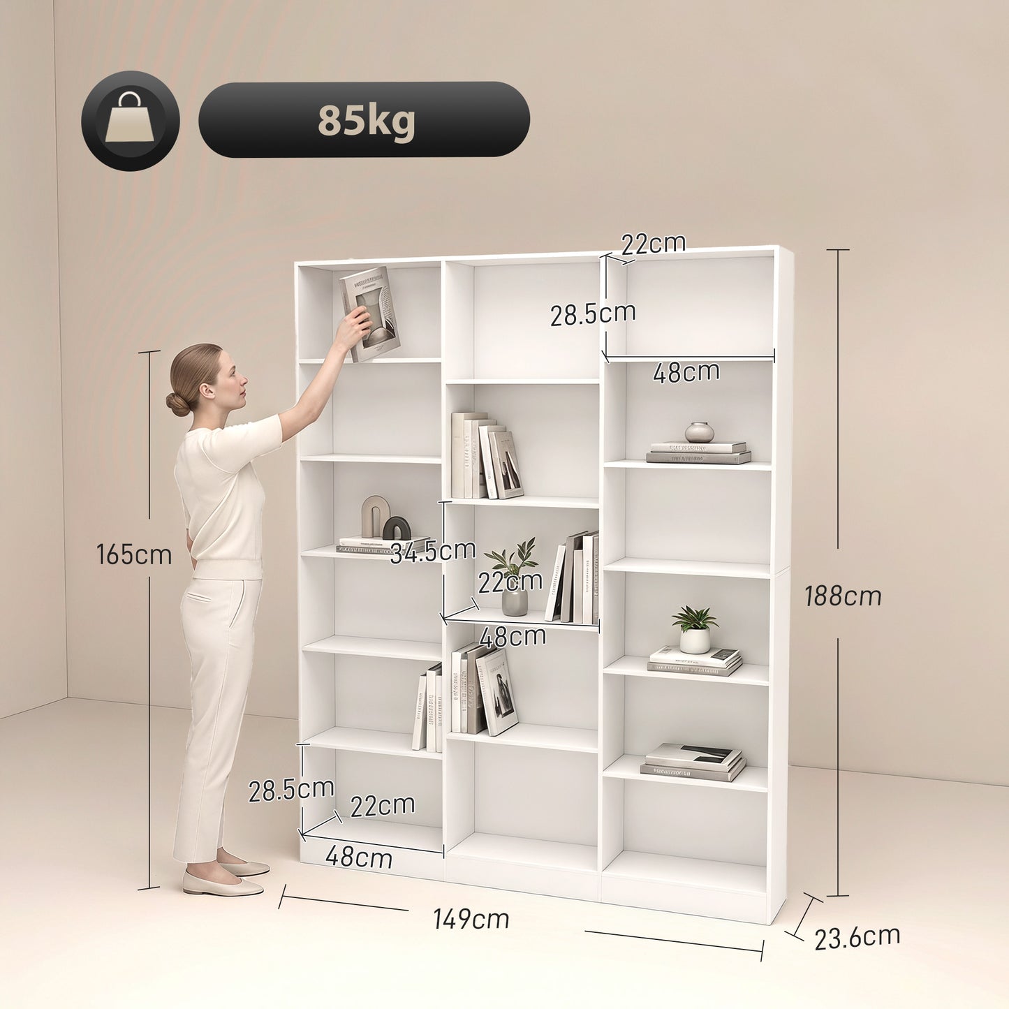 HOMCOM 6 Tier Bookcase with Open Storage Slim Depth White Bookshelf with Adjustable Shelves and Anti Tipping Hardware