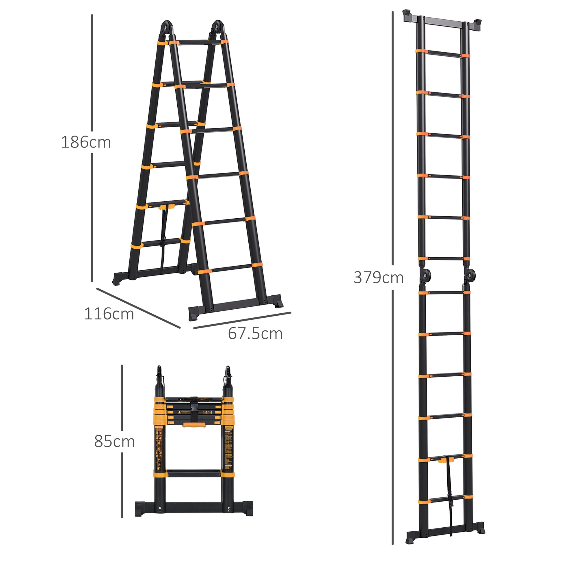 HOMCOM 3.8M Extendable Aluminium Ladder with Tool Holder - Herringbone Design, 12 Non-Slip Steps, Yellow - ALL4U RETAILER LTD