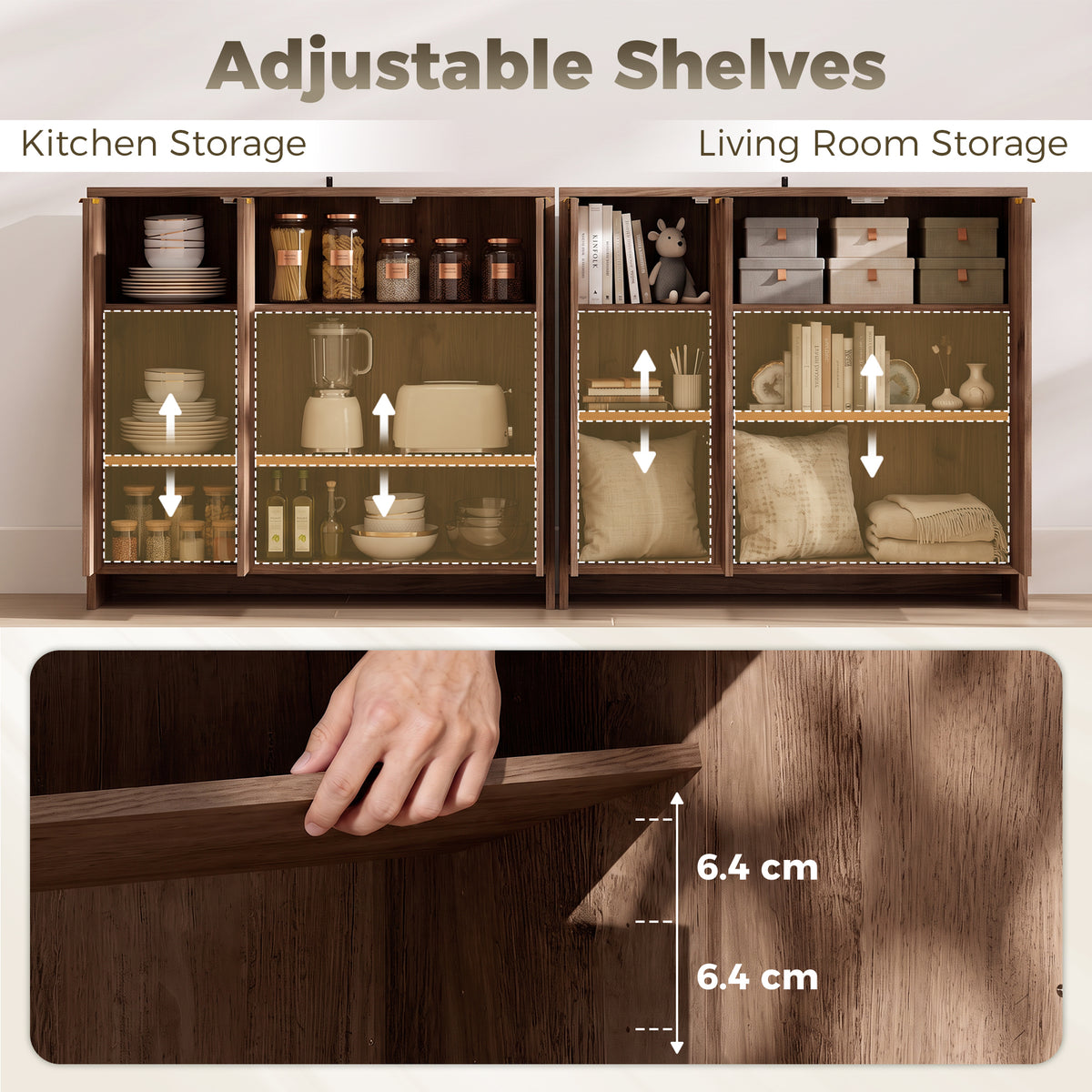 Brown sideboard cabinet interior with adjustable shelves on both sides