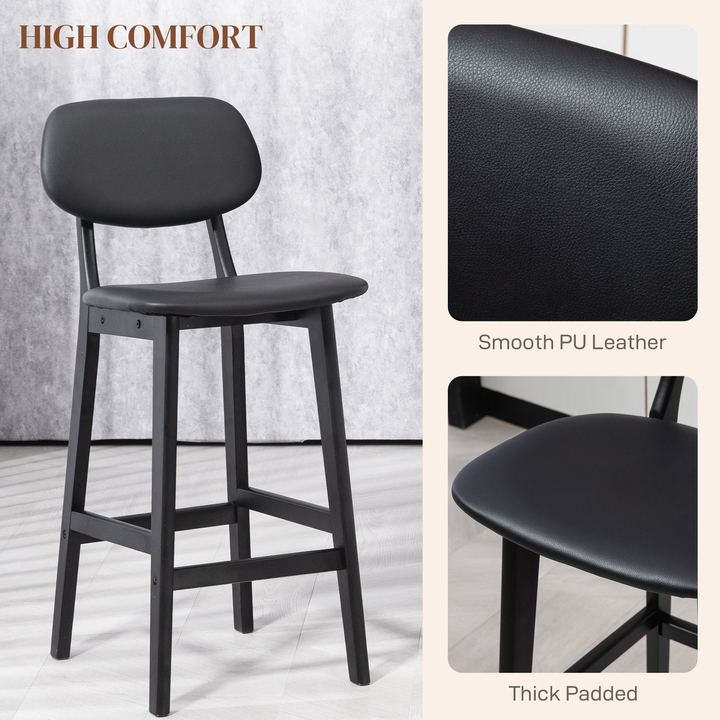 HOMCOM Modern Bar Stool Set of 2, Stylish Faux Leather Kitchen Seating with Wooden Legs and Backrests, Black - ALL4U RETAILER LTD