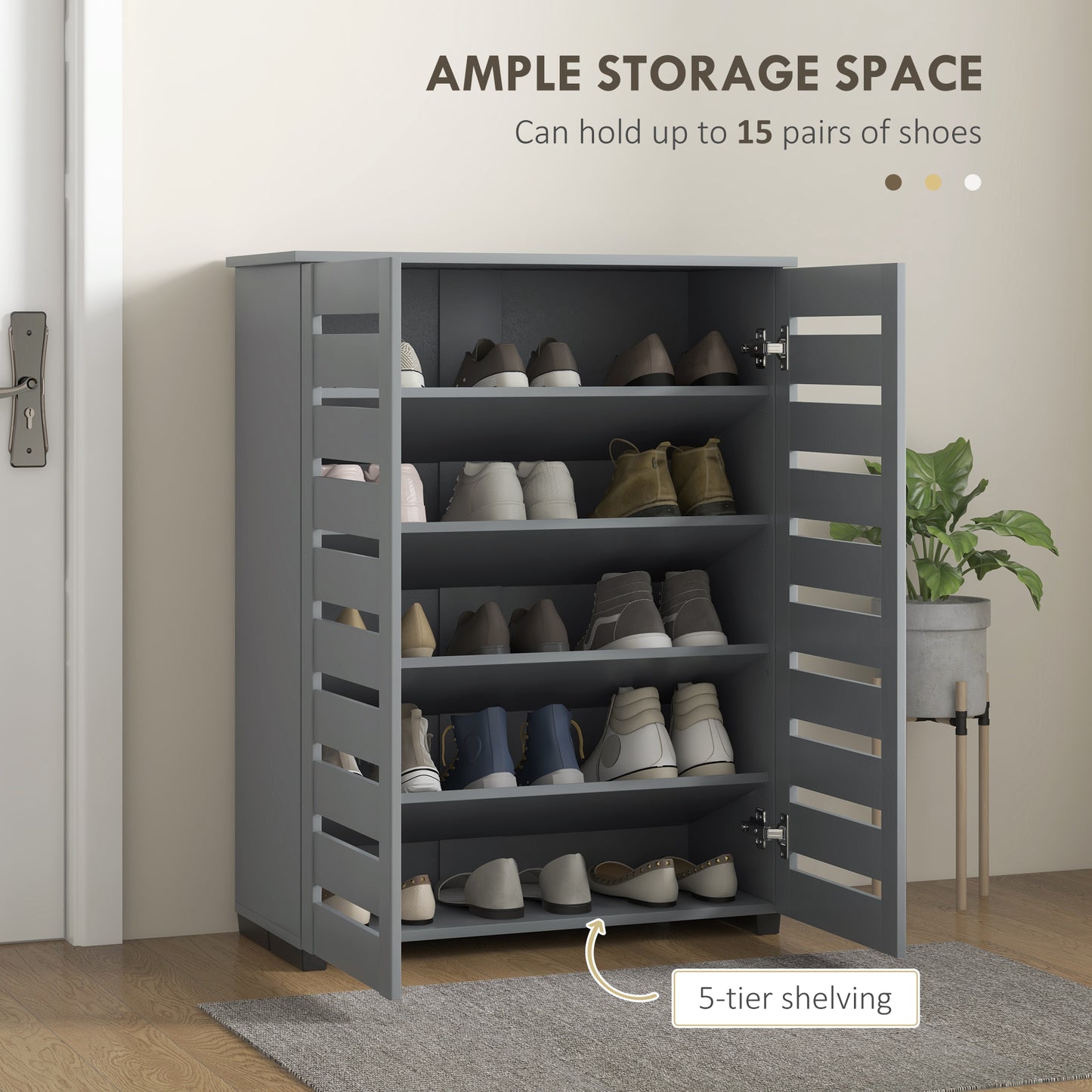 HOMCOM Narrow Shoe Cabinet for Entryway Five Tier Slim Shoe Storage with Two Slatted Doors and Adjustable Shelves Grey
