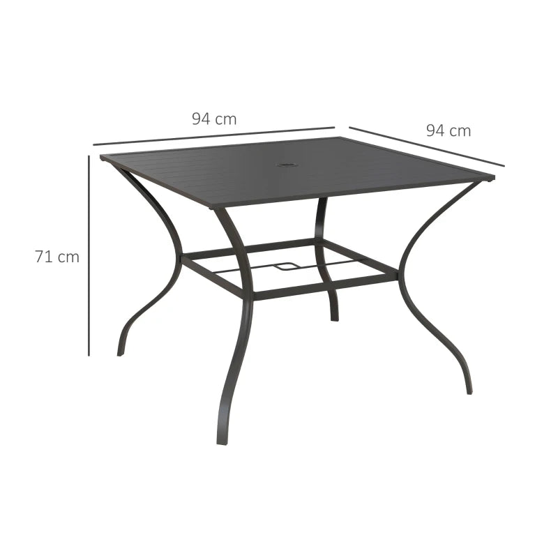 Outsunny 94 x 94 cm Dark Grey Garden Table with Parasol Hole - Outdoor Dining Table for Four with Slatted Metal Plate Top, Ideal for Al Fresco Dining - ALL4U RETAILER LTD