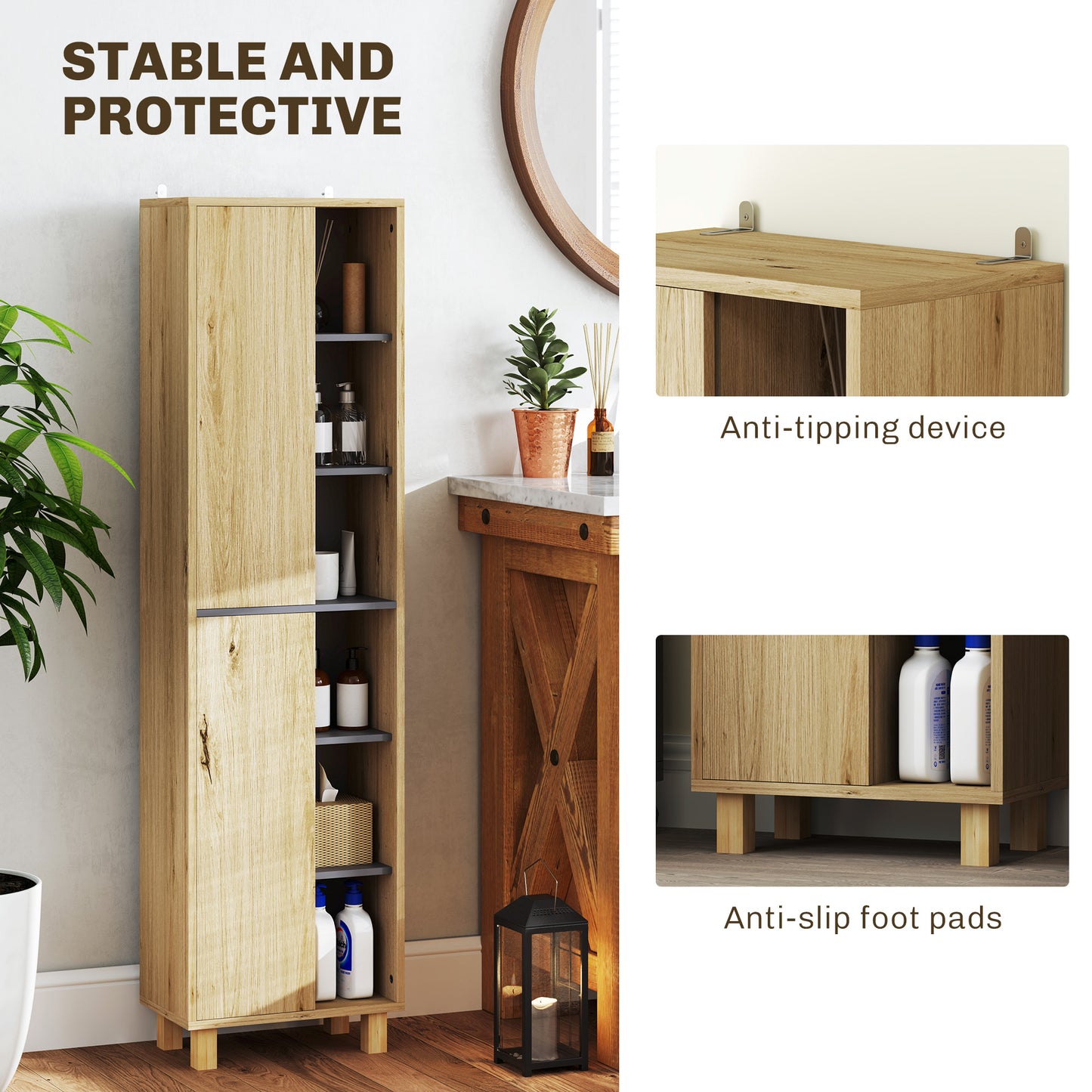 HOMCOM Slim Bathroom Cabinet With Wood Effect Finish 6 Open Shelves And 2 Three Layer Cabinets Anti Tip Straps