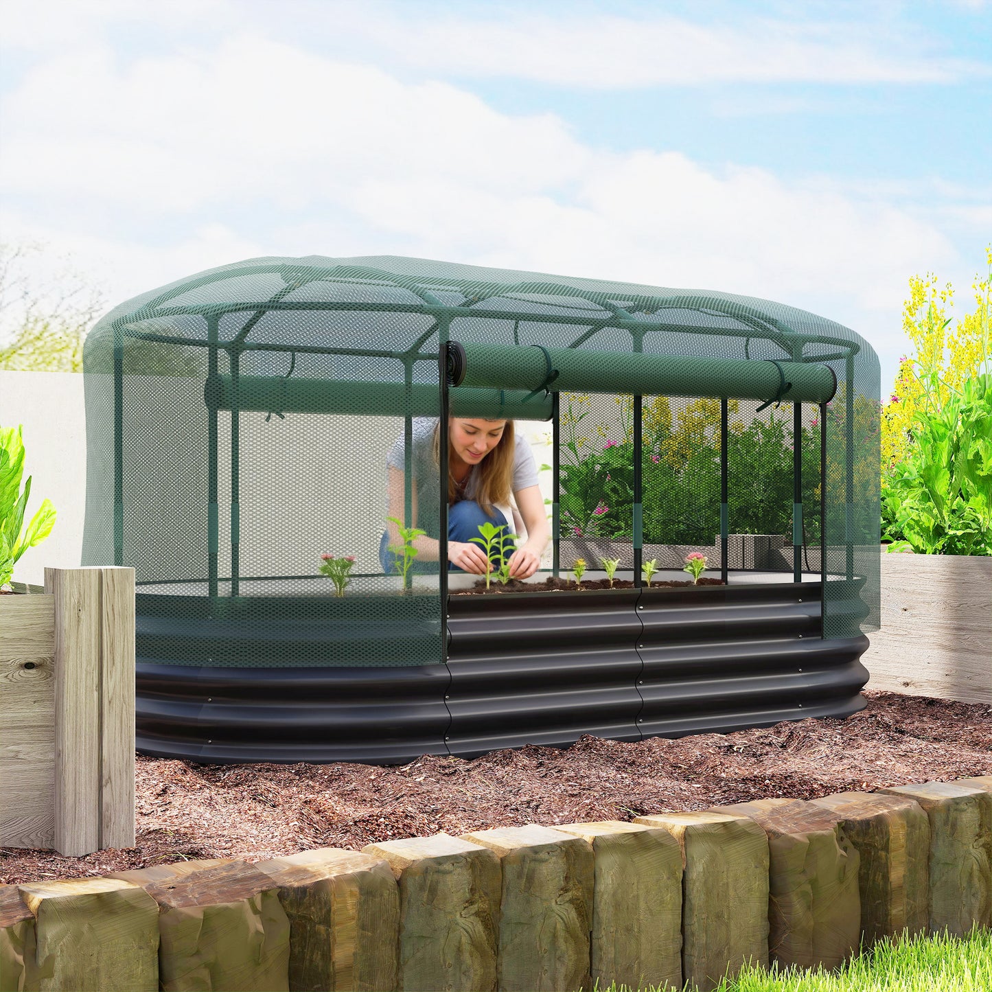 Outsunny Galvanised Raised Garden Bed Kit With Self Watering System Mesh Cover HDPE Cage 6x3Ft Dark Grey Green