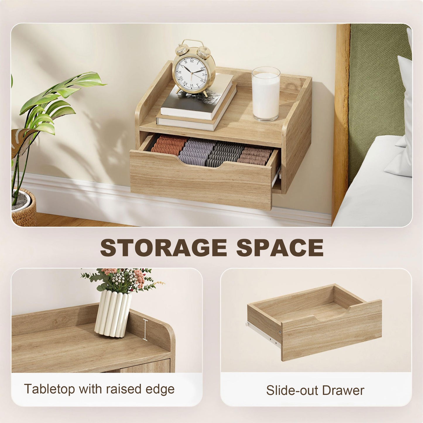 HOMCOM Floating Nightstands Set Of 2 Wall Mounted Bedside Tables With Drawer And Shelf Natural Wood