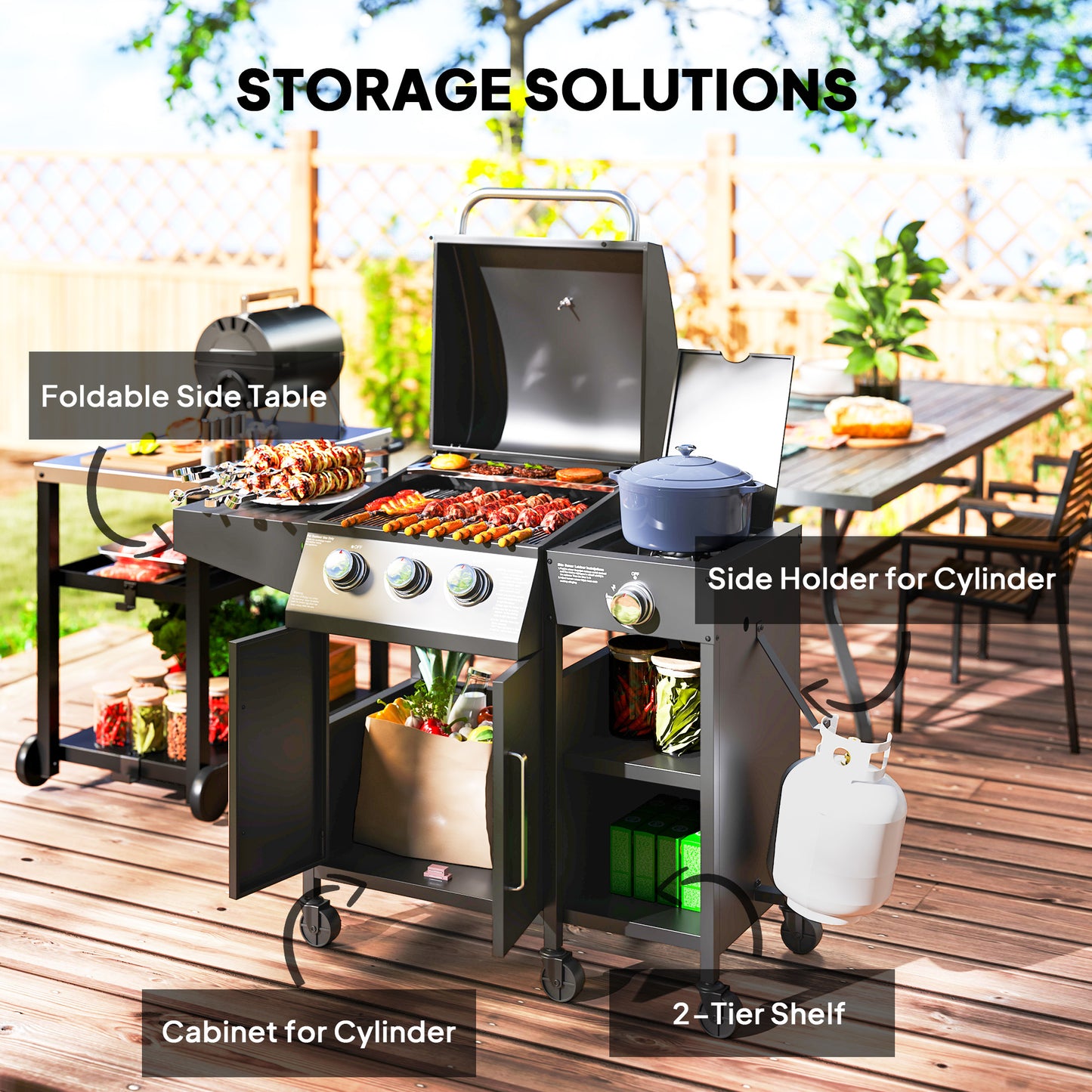 Outsunny 3+1 Burner Gas BBQ Grill With Storage Cabinet And Shelves 9.5 kW Trolley With 6 Castor Wheels