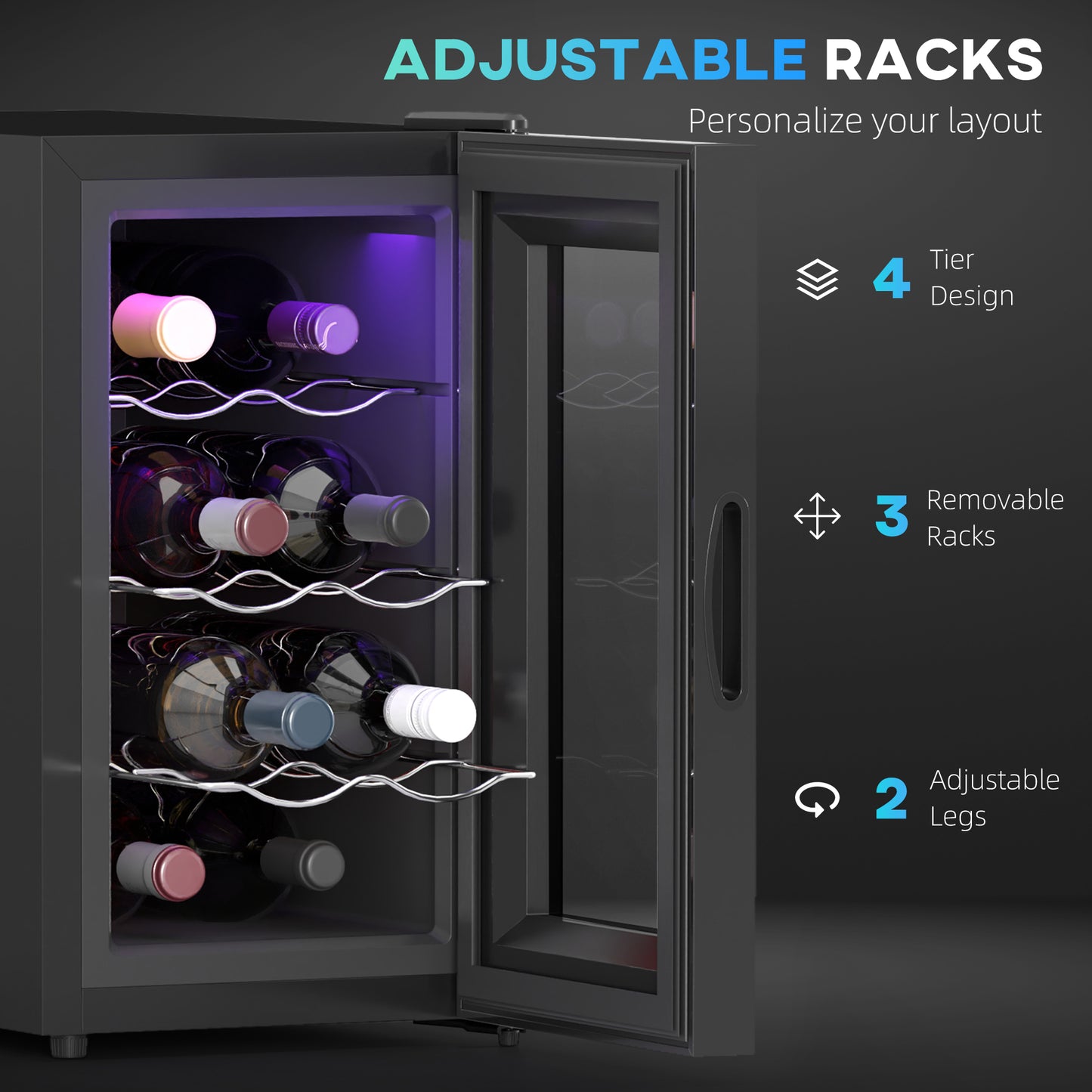 HOMCOM 8 Bottle Tabletop Wine Cooler 17 L Quiet Under Counter Glass Door LED Light Digital Touch Temperature Control